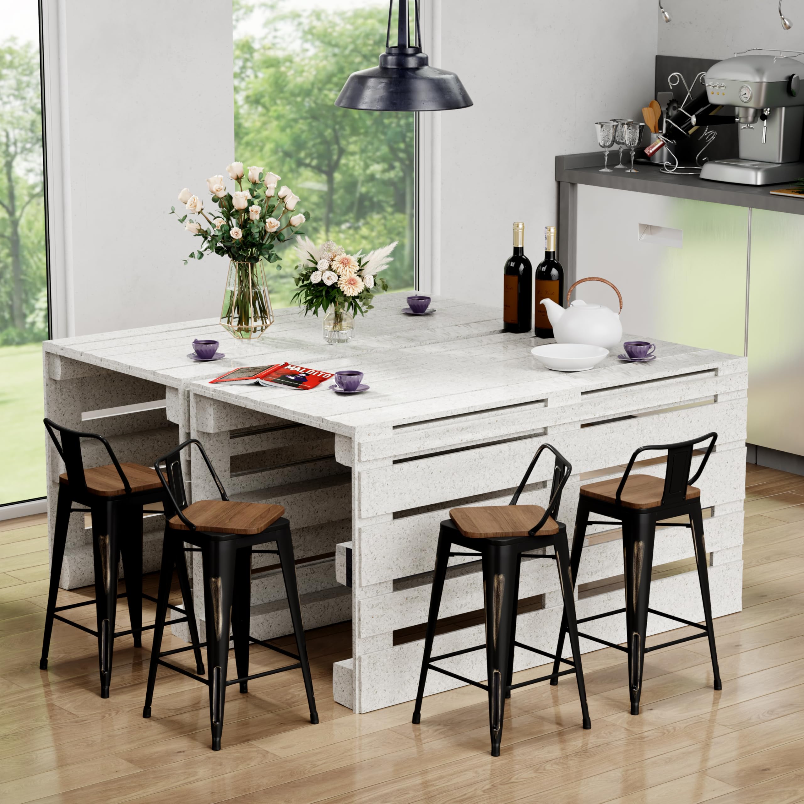 26 Inch Bar Stools Set of 4 - Counter Height Swivel Bar Chairs with Gold Finish & Back Support - Modern Kitchen Stools for Breakfast Nook, Home Bar & Dining Counter - Black Metal Barstools