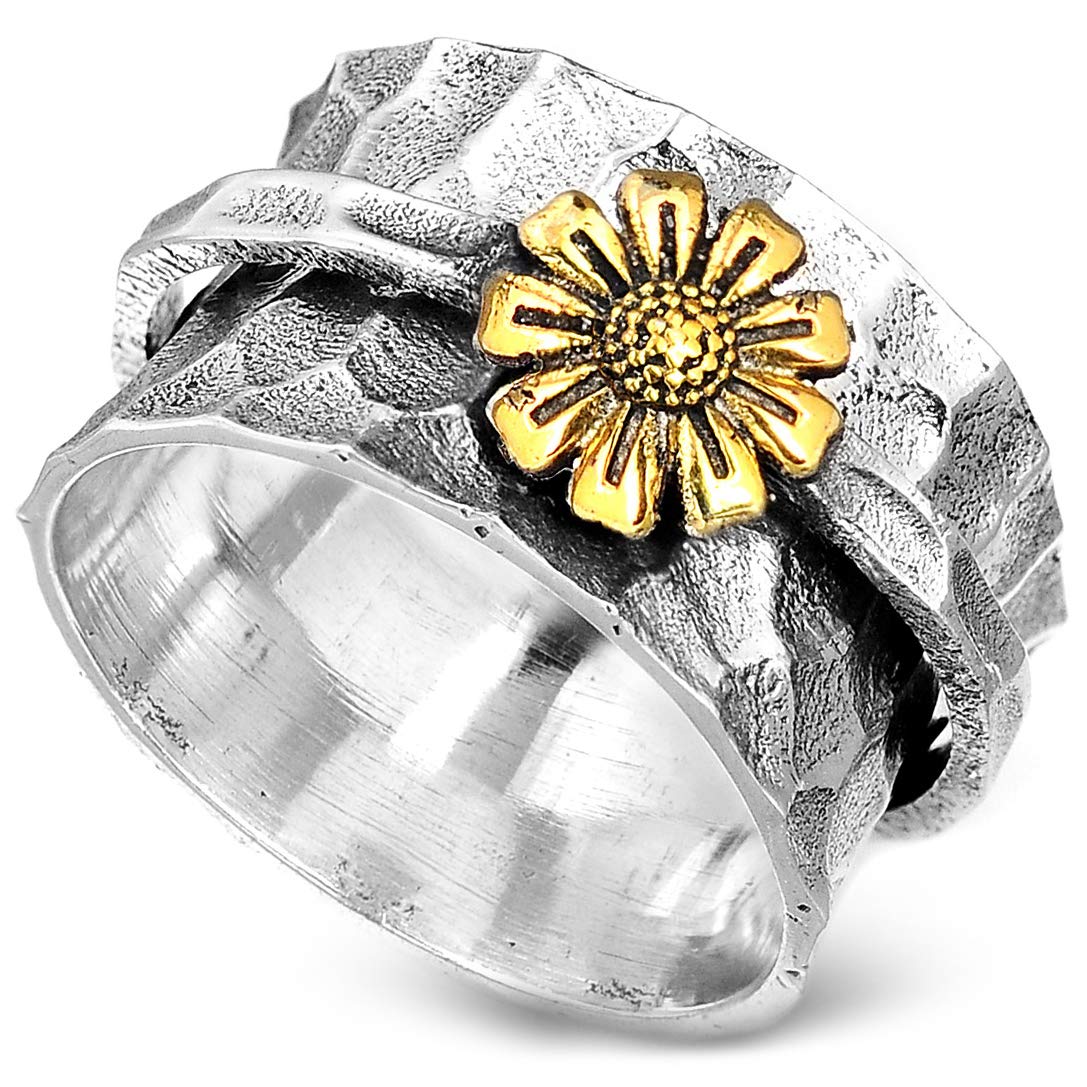 Boho Sunflower Spinner Ring for Women - 925 Sterling Silver & Brass Wide Band Fidget Ring | Anxiety Relief & Meditation Jewelry | Perfect for Stress Relief, Office Wear & Boho Fashion Accessories