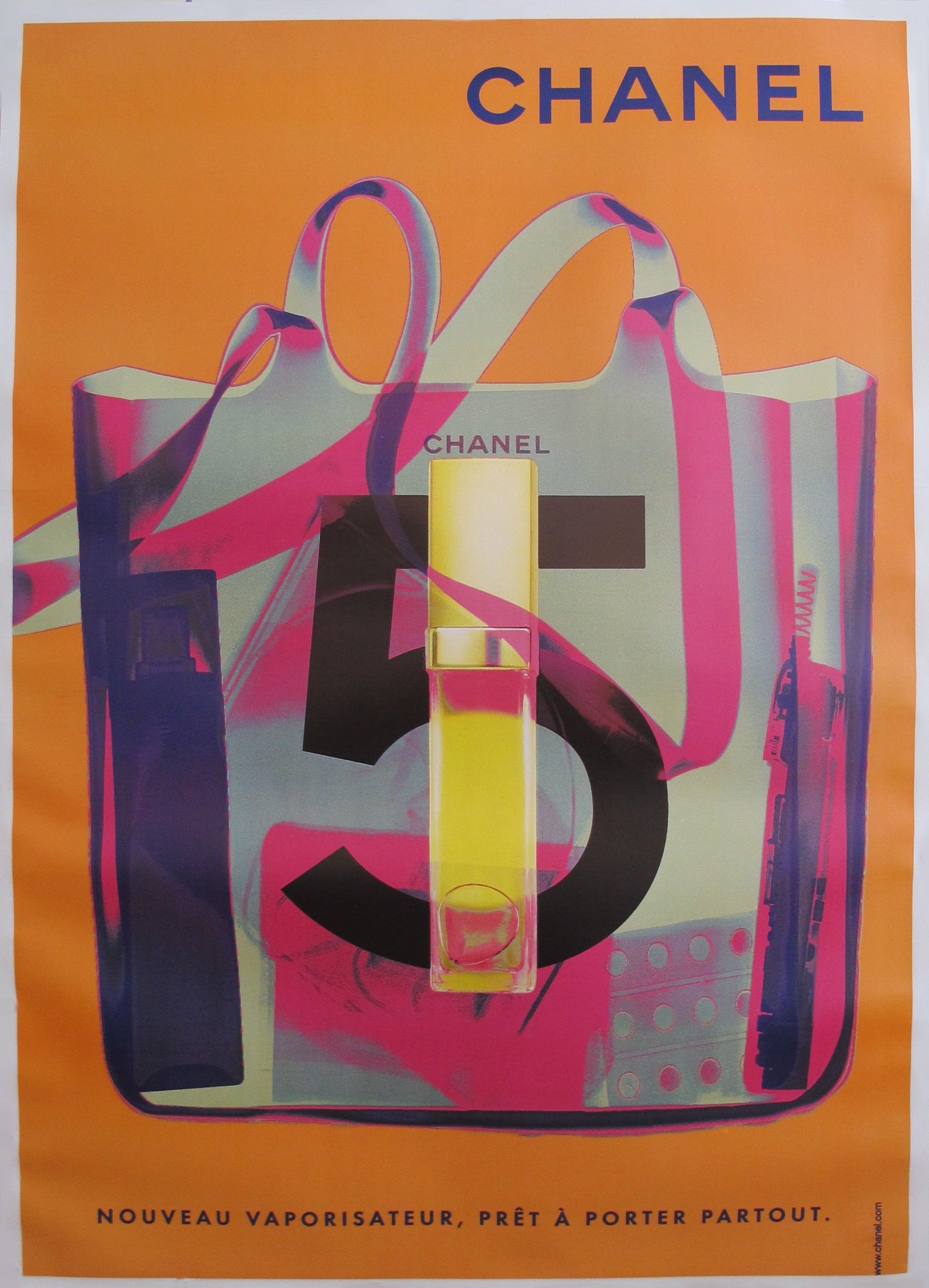 Vintage 1998 Original Chanel No. 5 Perfume Poster (Orange) - Linen Backed Collectible Art - Perfect for Home Decor, Fashion Enthusiasts & Chanel Memorabilia Collectors