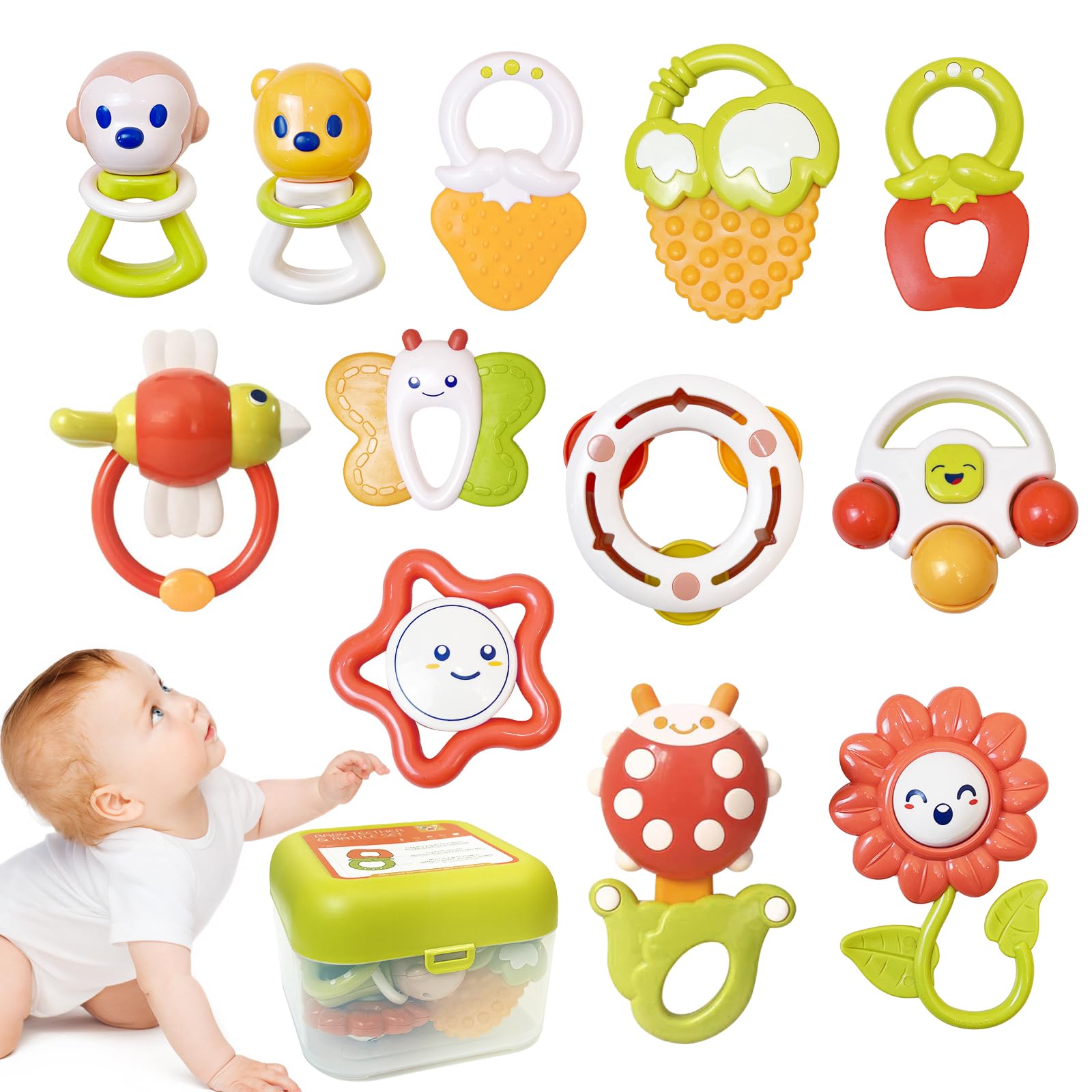 12PCS Baby Rattles Toys Set with Storage Case - Teething Toys for Infants 0-12 Months | Newborn Christmas Gift for Boys & Girls | Perfect for Sensory Play, Early Learning & Baby Shower Gifts