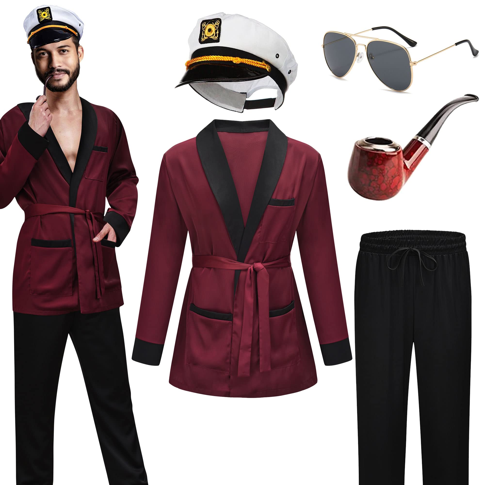 EFORLED Red Silk Smoking Robe Jacket with Black Pants, Captain Hat & Pipe Set - Vintage Halloween Costume for Adults | Perfect for Cosplay, Themed Parties & Costume Events