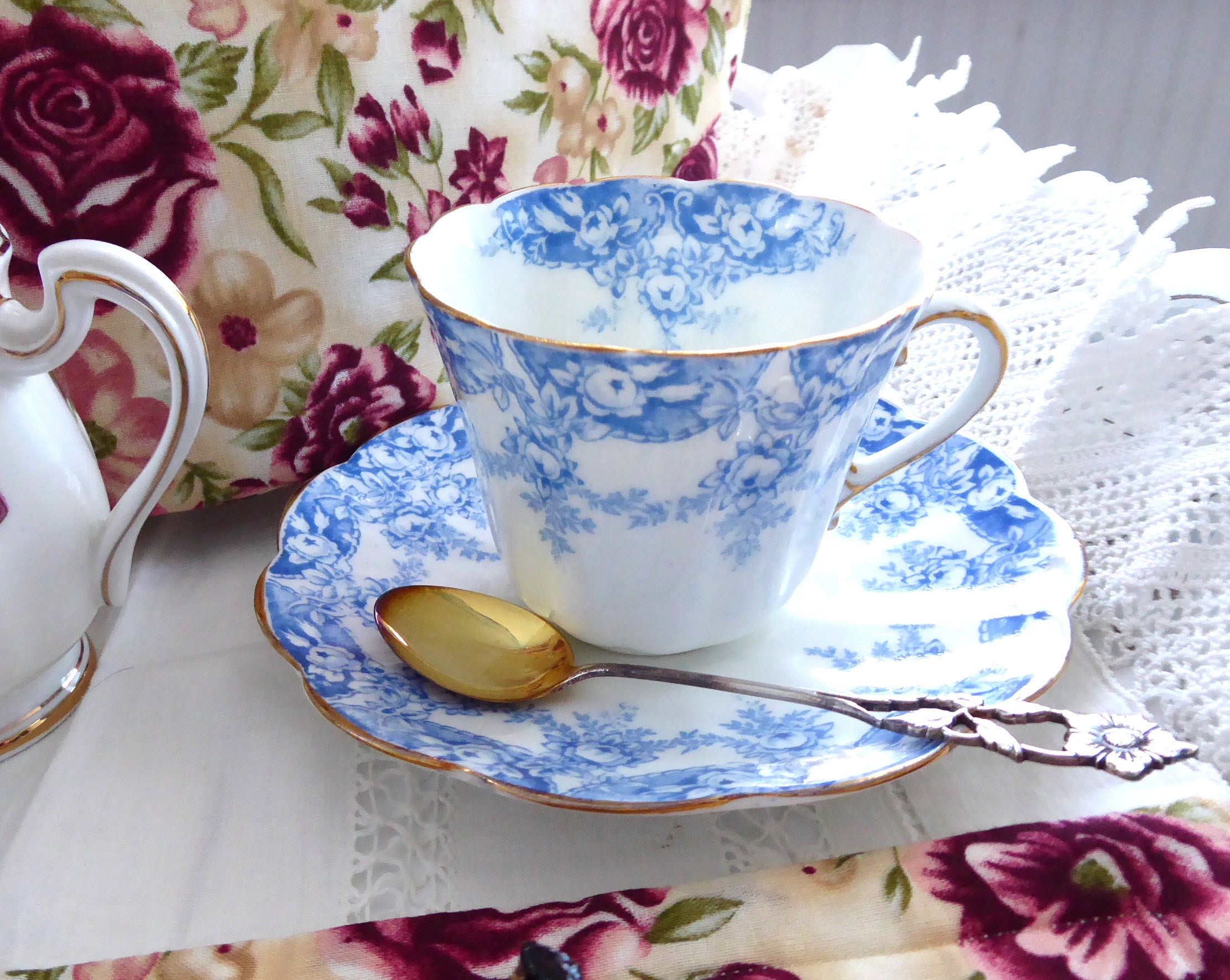 Antique Edwardian Blue Transferware Cup and Saucer Set - Tuscan 1907 Bone China - Perfect for Tea Parties, Vintage Collections & Home Decor
