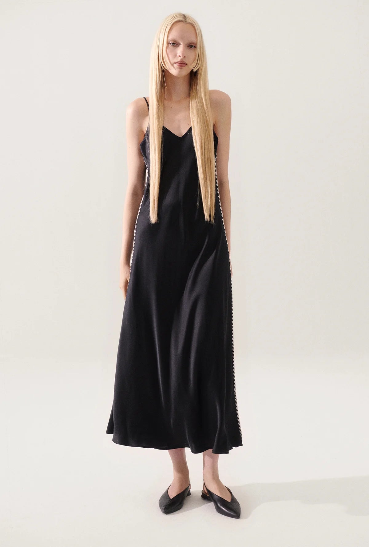 90s Slip Dress Blanket Stitch Black - Vintage Inspired Lace Trim Nightgown for Women | Perfect for Sleepwear, Lounge Wear & Special Occasions