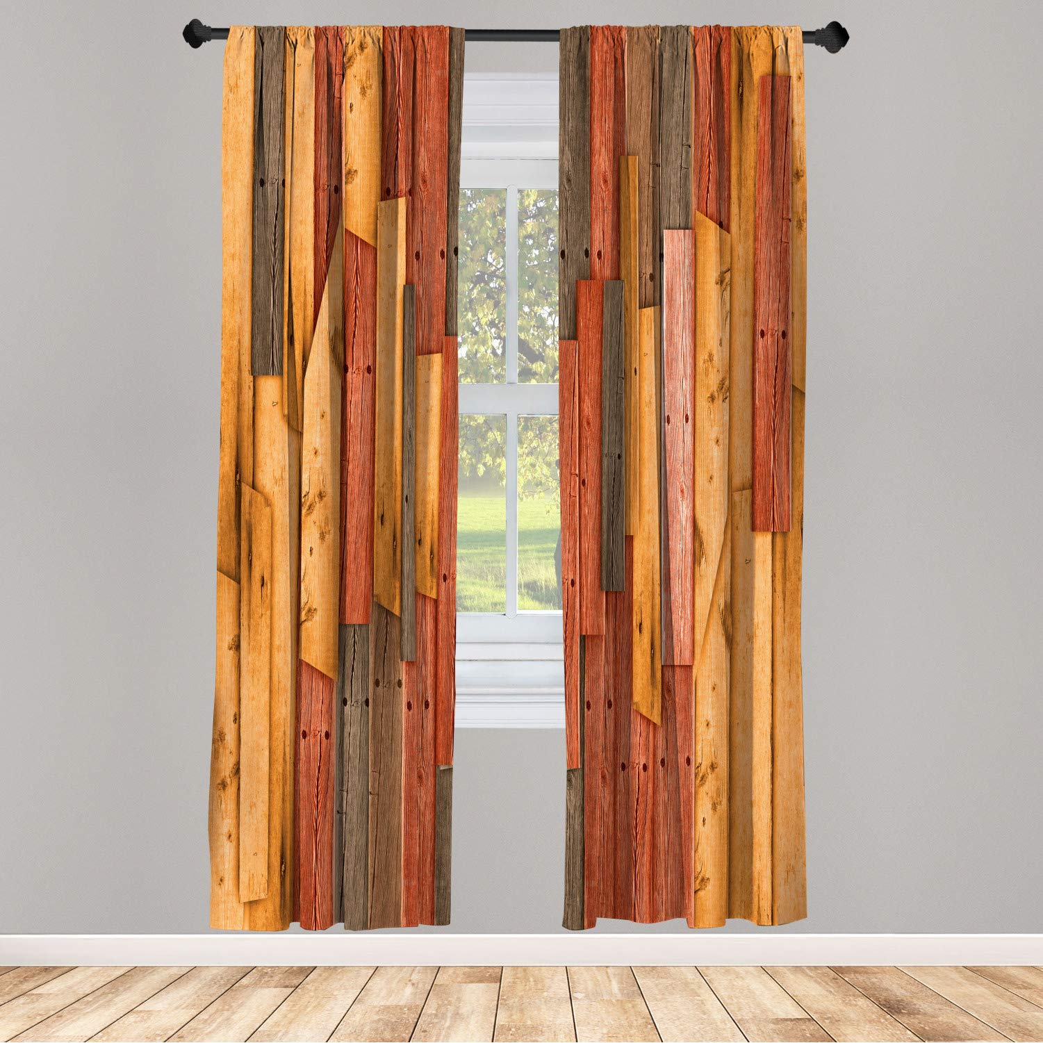 Ambesonne Rustic Window Curtains - Grunge Wood Plank Design for Barn House & Farmhouse Decor, Lightweight 2-Panel Set with Rod Pocket (28