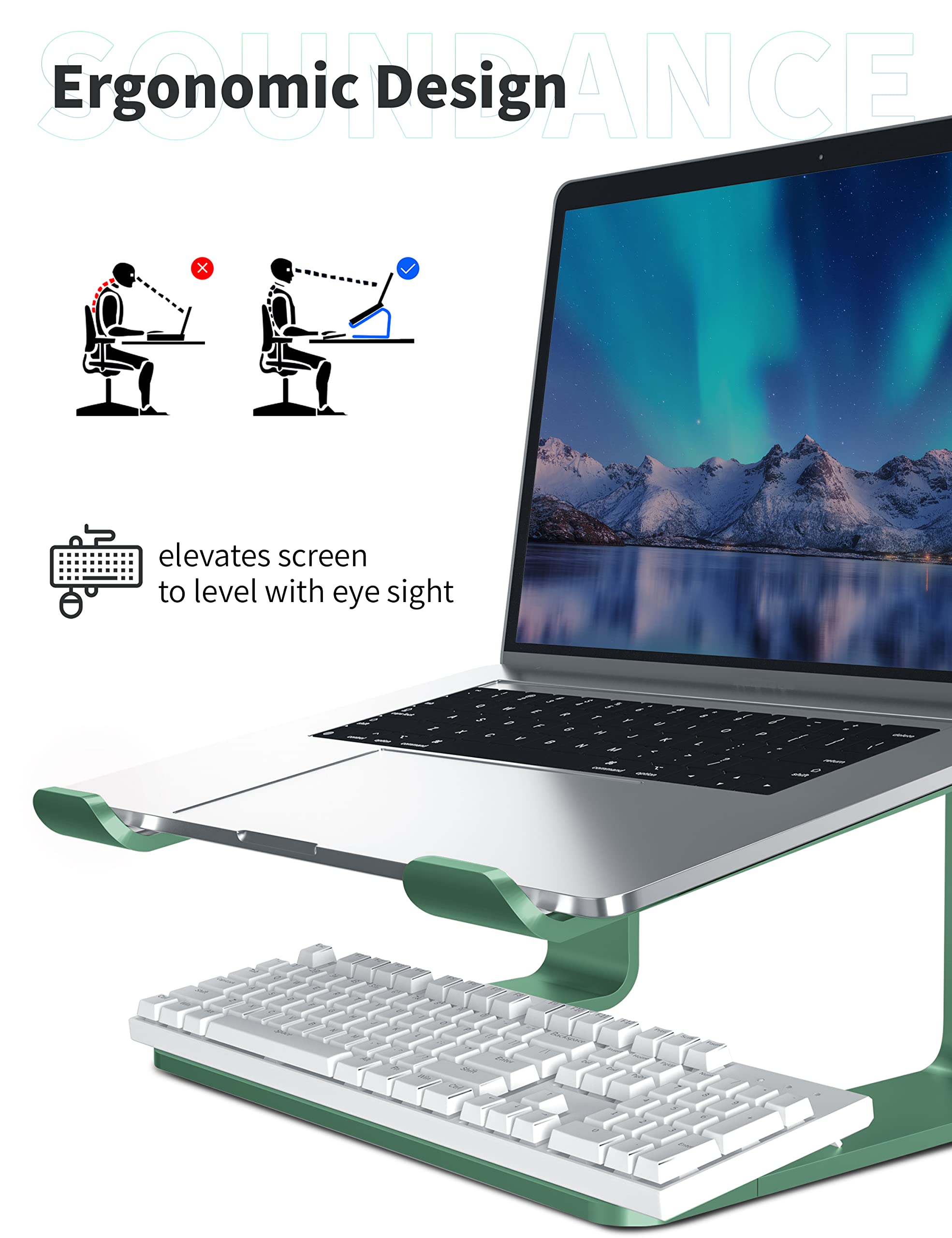 SOUNDANCE Aluminum Laptop Stand for 10-15.6 Inch Notebooks - Ergonomic Computer Riser with Adjustable Height, Portable Desk Organizer for MacBook, Dell, HP (Green) - Perfect for Home Office, Gaming & Workspace Setup