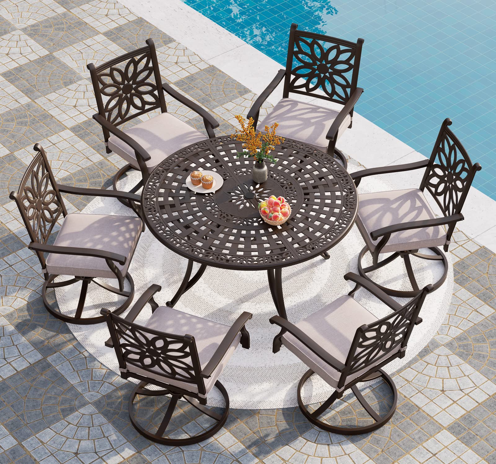 PHI VILLA 2-Piece Cast Aluminum Outdoor Patio Swivel Dining Chairs Set - All-Weather Rust-Resistant Wide Armrest Chairs with Cushions - Perfect for Backyard, Garden, Poolside & Restaurant Use