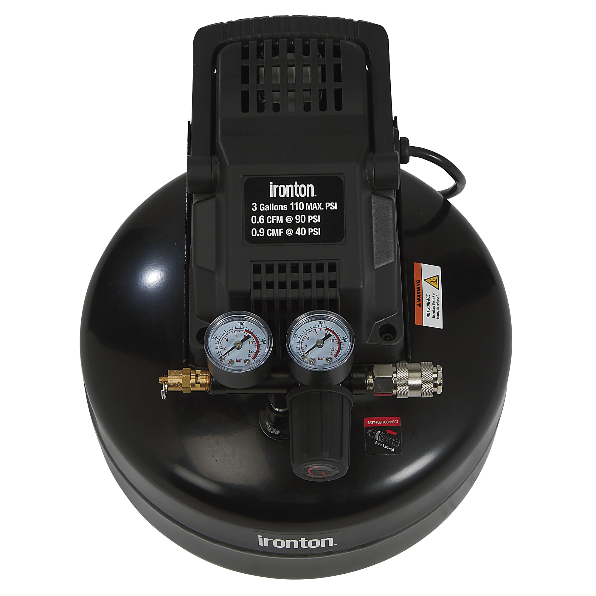 Ironton Oil-Free Pancake Air Compressor - 0.3 HP, 3 Gallon Tank, 110 PSI - Portable & Quiet for Home DIY, Nail Guns, Inflating Tires & Air Tools