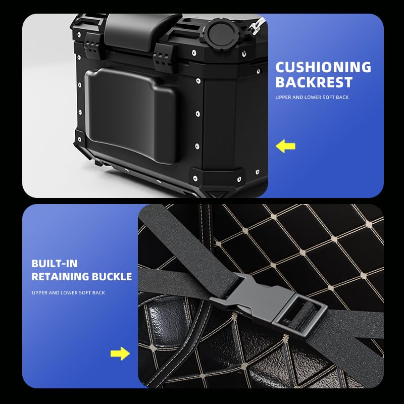 45L 55L 65L Waterproof Aluminum Motorcycle Top Case - Secure Locking Tail Box Luggage Storage for Helmets & Gear (Black, 45L) - Perfect for Touring, Commuting & Adventure Riding