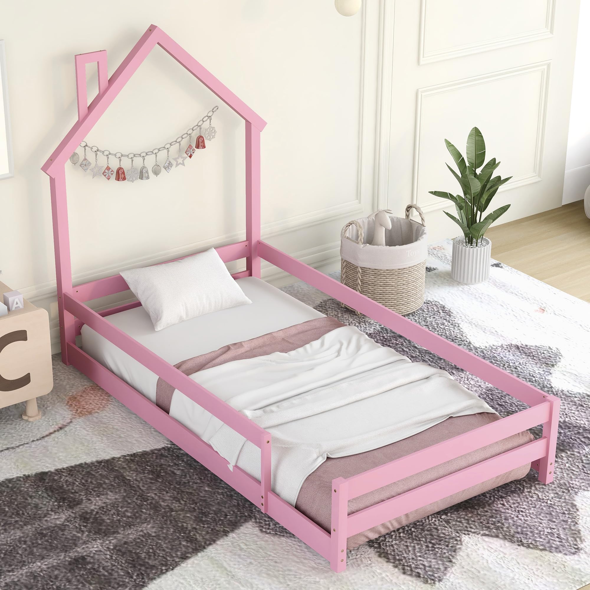 Bellemave Twin Size House-Shaped Headboard Floor Bed with Safety Fences - Wooden Montessori Kids Bed for Girls & Boys - Pink House Bed Frame for Toddler Room, Playroom & Nursery