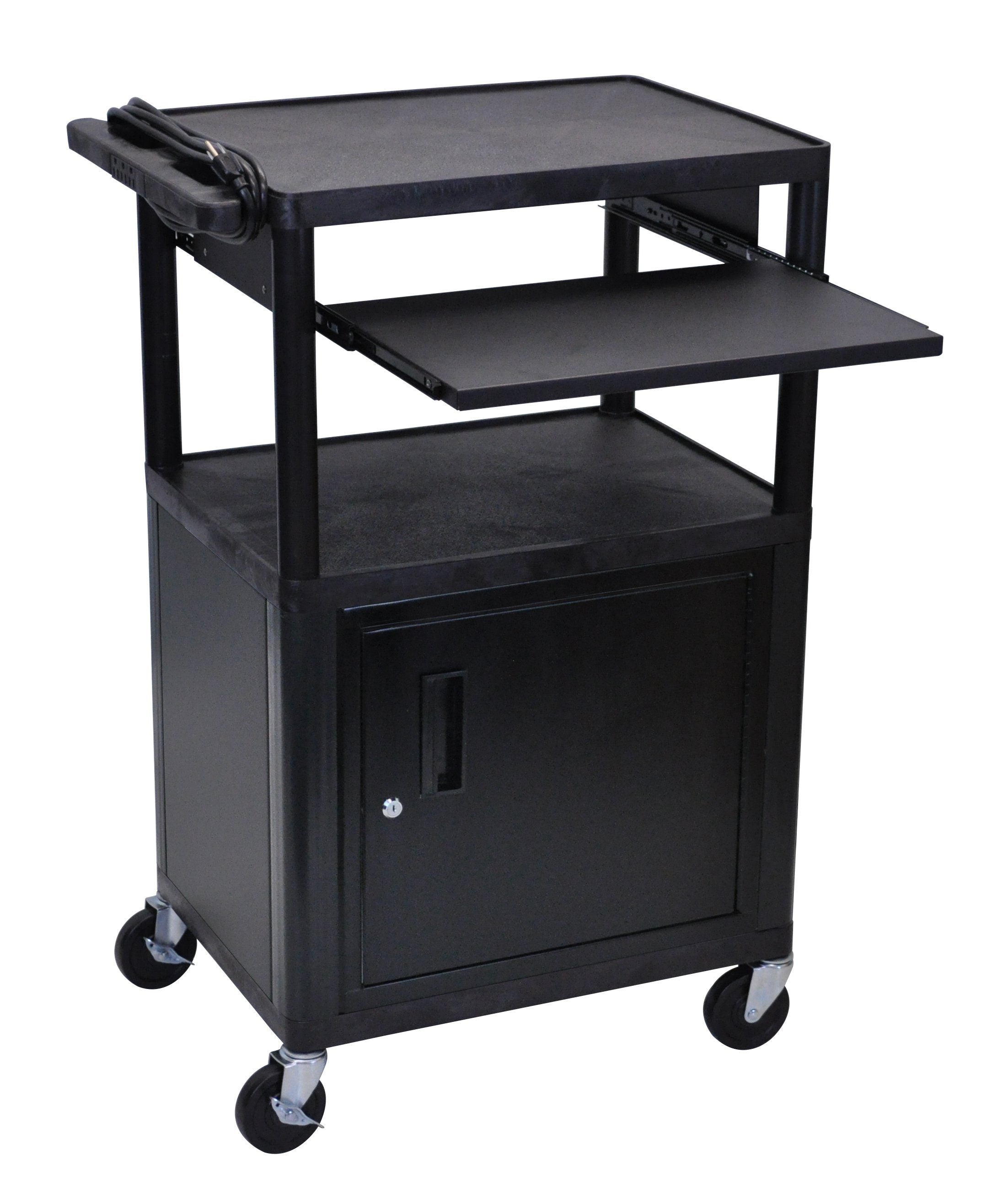 Luxor Endura Black 3 Shelf Presentation Cart with Cabinet & Pullout Shelf - Mobile Storage Solution for Office, Classroom, or Retail Display