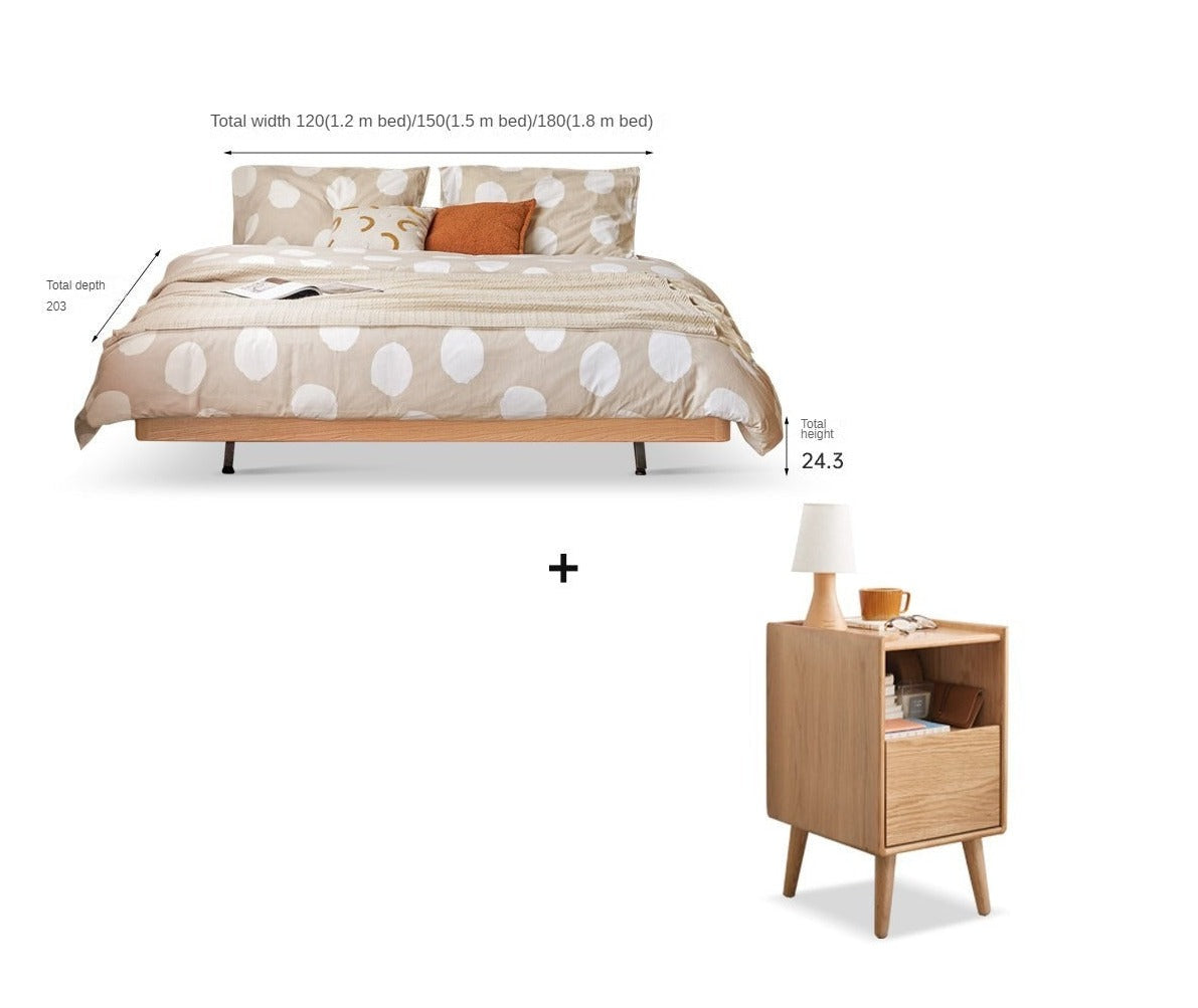 Solid Oak Wood Platform Bed - Headboard Free Modern Design with Night Light - Perfect for Bedroom, Guest Room & Small Spaces