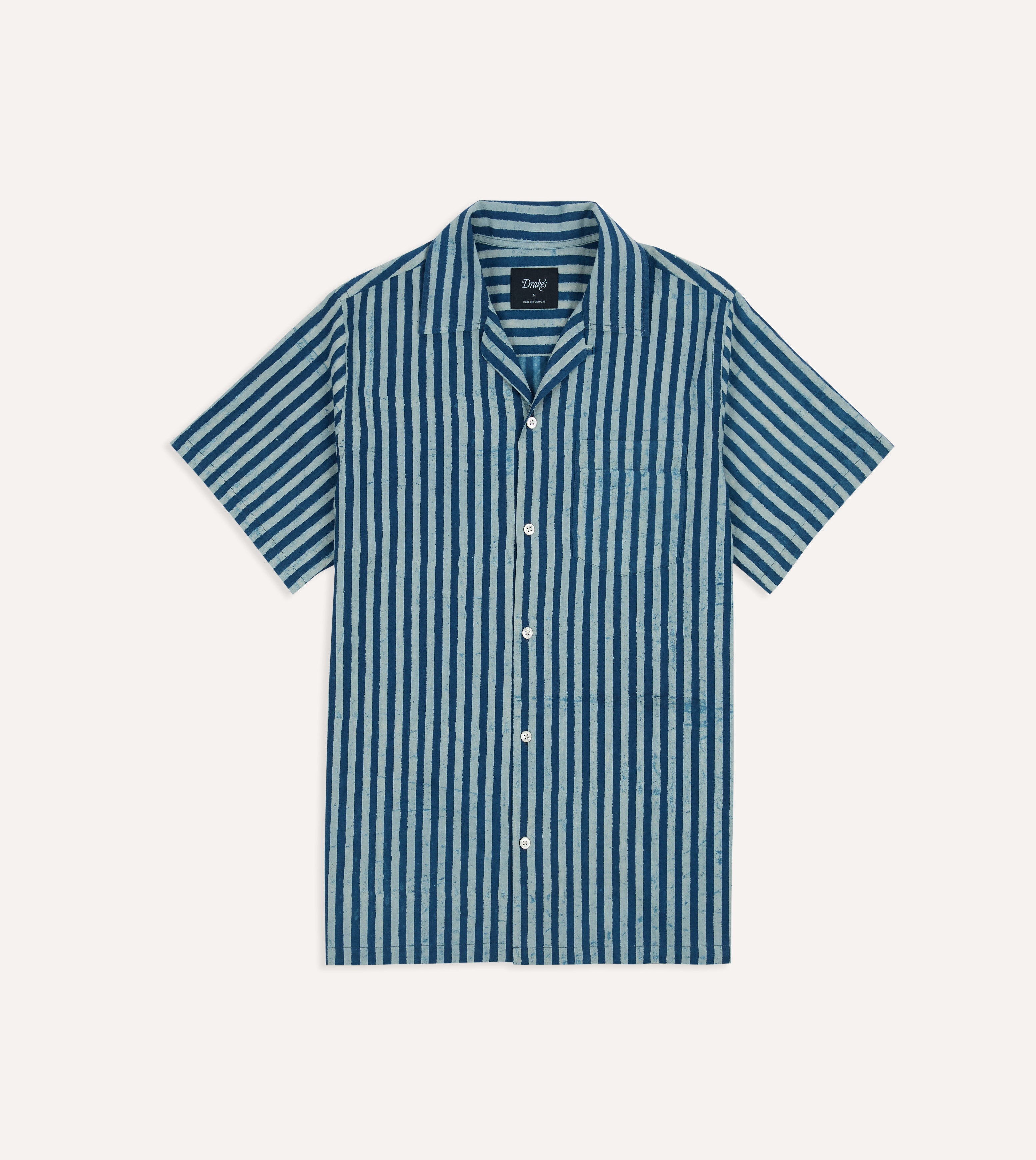 Indigo Stripe Block Print Cotton Camp Collar Short Sleeve Shirt for Men - Casual Summer Beach Wear & Vacation Outfit