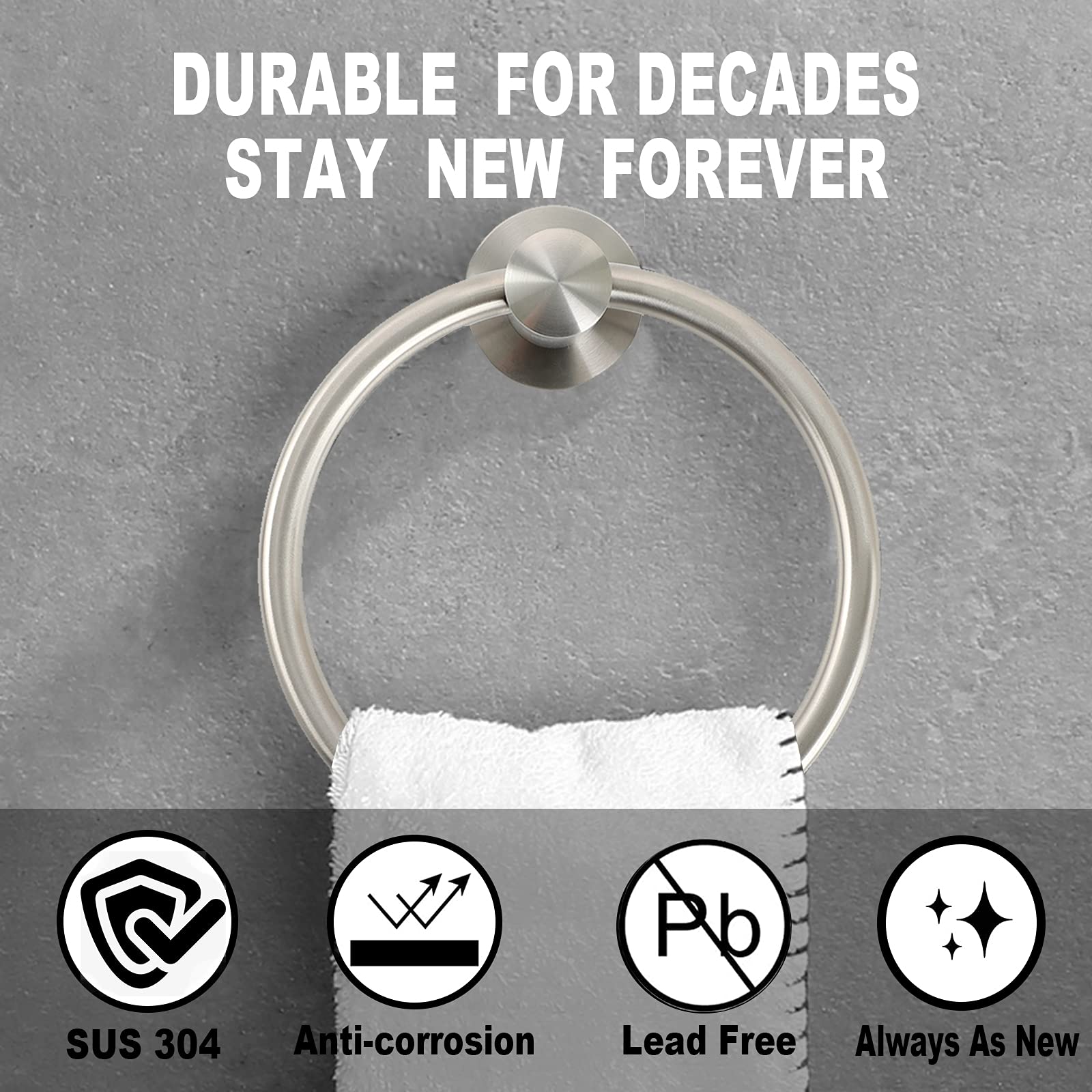 Brushed Nickel Towel Ring - Heavy Duty SUS 304 Stainless Steel Bathroom Towel Holder with Wall Mount Hardware (2 Pack, Drill Required) - Perfect for Modern Bathrooms, Powder Rooms & Spa-Style Decor
