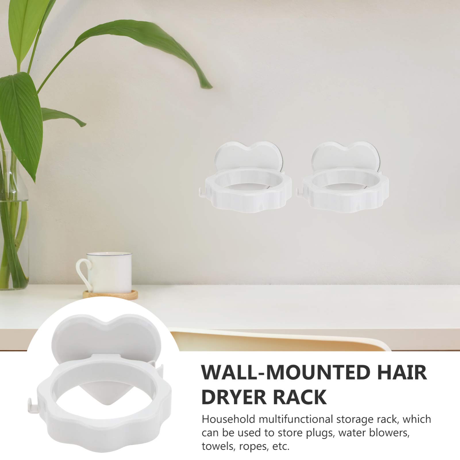 2-Pack Hemoton Wall Mounted Hair Dryer Holder - Plastic Multi-Purpose Hanger for Hair Dryers, Clothes & Accessories - No Drill Installation - White ABS (Perfect for Bathroom, Bedroom & Laundry Room Organization)