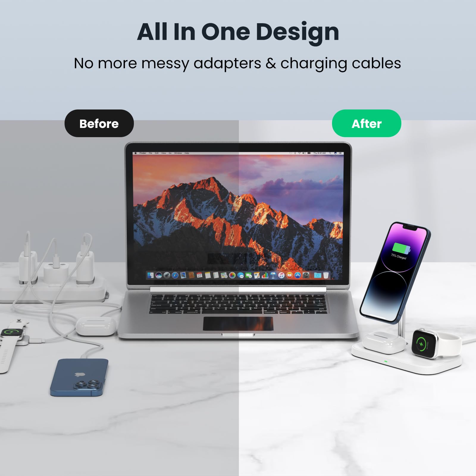 3 in 1 Wireless Charging Station for iPhone 15/14/13/12 Series, Apple Watch Series 1-9 & AirPods - MagSafe Compatible Fast Charger Stand with 30W Adapter - Perfect for Home, Office & Travel (White)