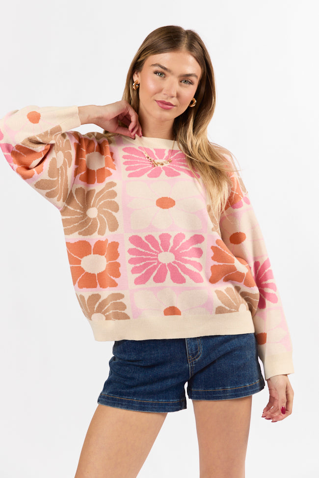 Gracious Gardens Coral Multi Block Floral Sweater - Women's Chunky Knit Pullover for Fall & Winter | Cozy Casual Wear for Outings, Dates, and Office