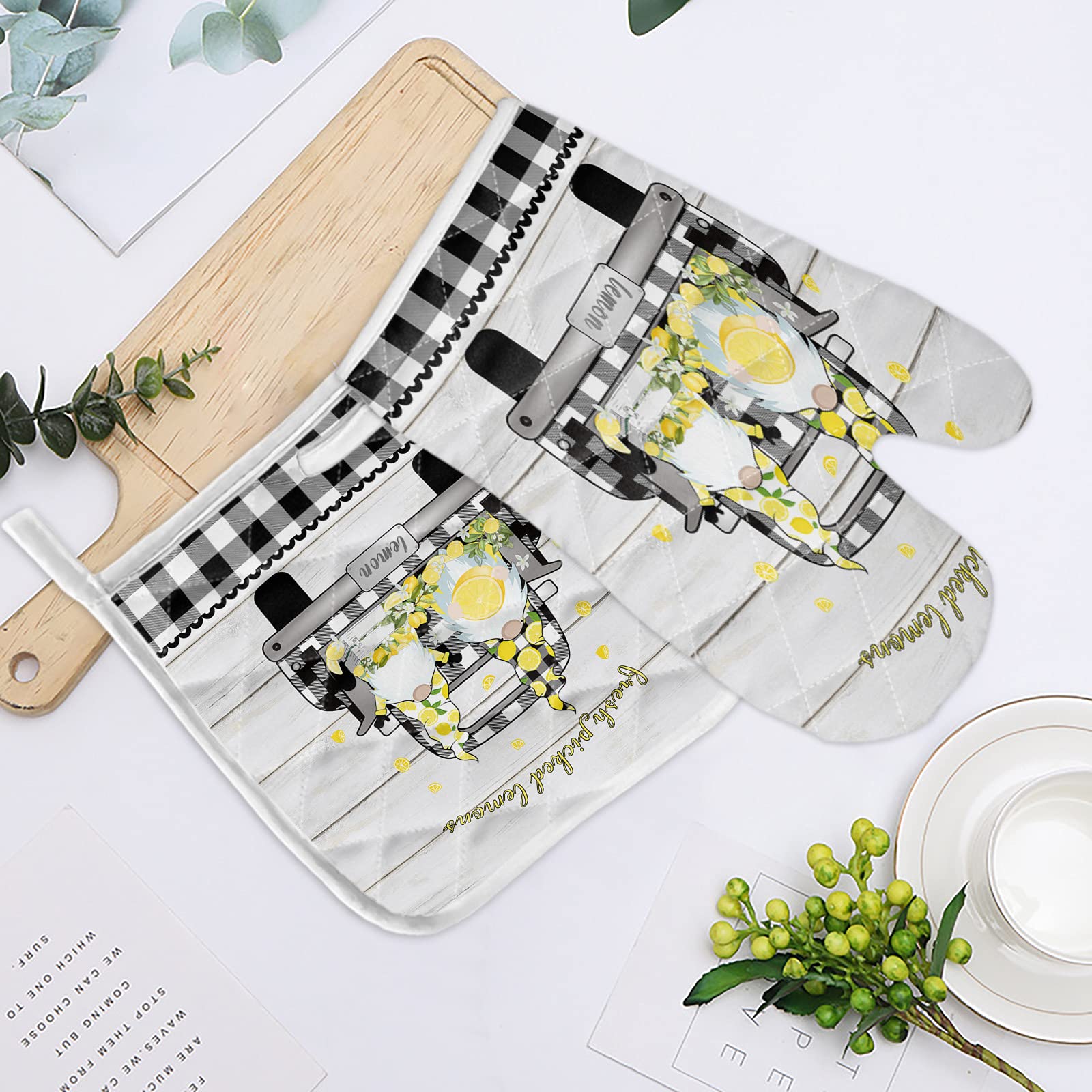 Heat Resistant Oven Mitts & Pot Holders Set - 2 Pcs Quilted Cotton Lined Kitchen Gloves for Baking, Cooking, Grilling - Lemon Truck Black White Plaid Design - Perfect for Summer BBQ, Holiday Baking & Everyday Kitchen Use