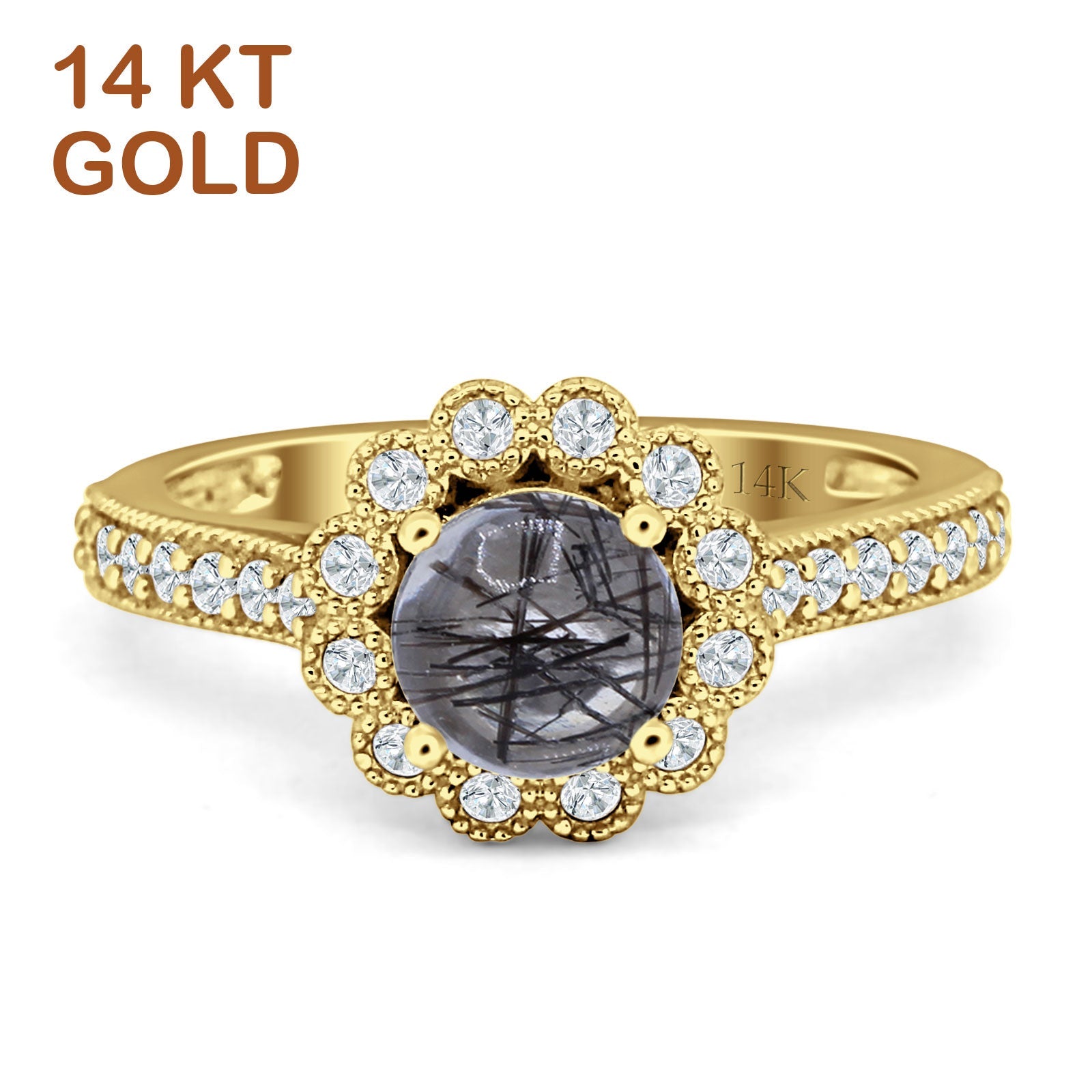 14K Yellow Gold Round Natural Rutilated Quartz Vintage Style Flower Ring for Women - Elegant Boho Jewelry Gift for Birthday, Anniversary & Special Occasions