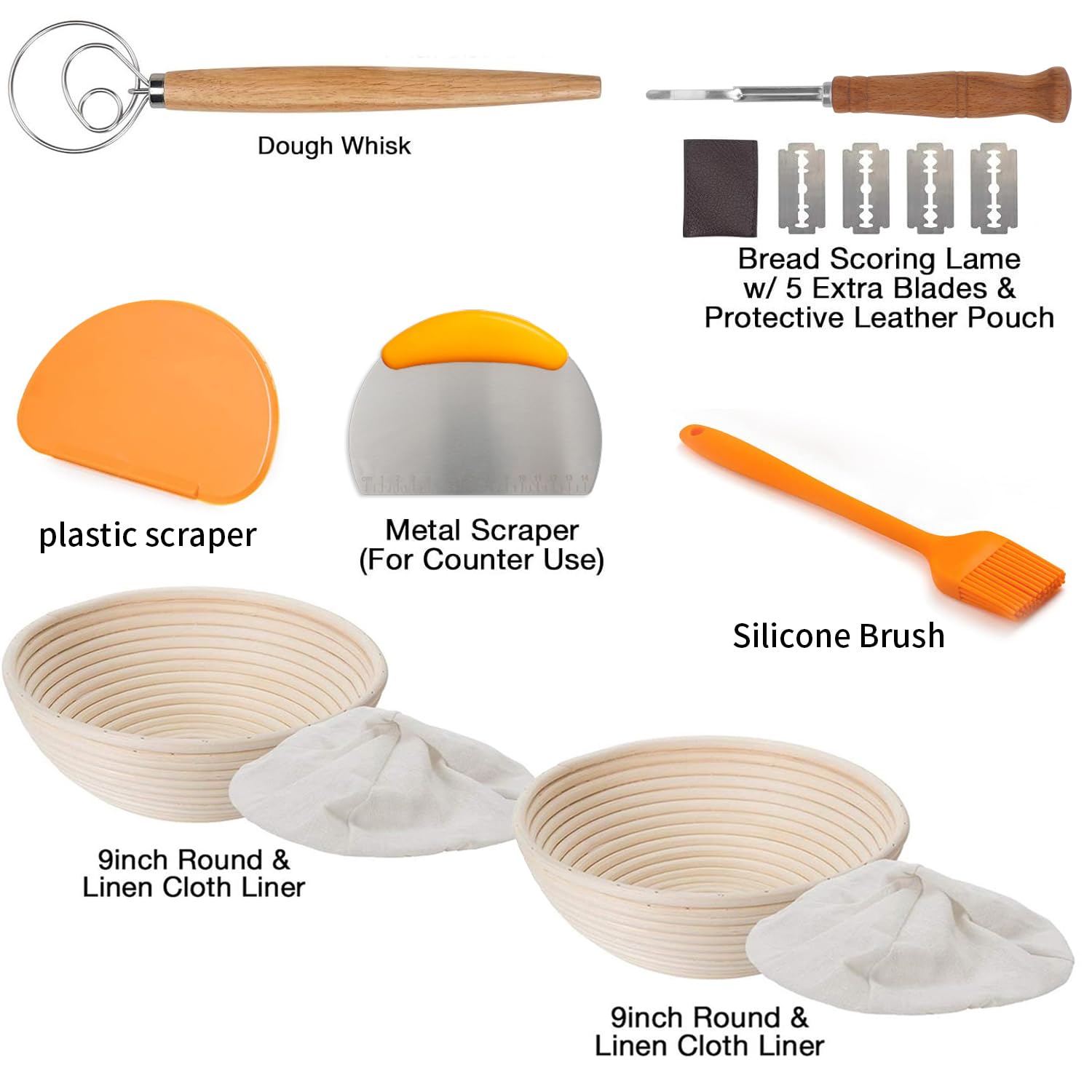 9 Inch & 10 Inch Large Banneton Bread Proofing Basket Set - Round Bread Lame, Dough Scraper & Whisk Included - Perfect for Sourdough, Artisan Bread Baking at Home