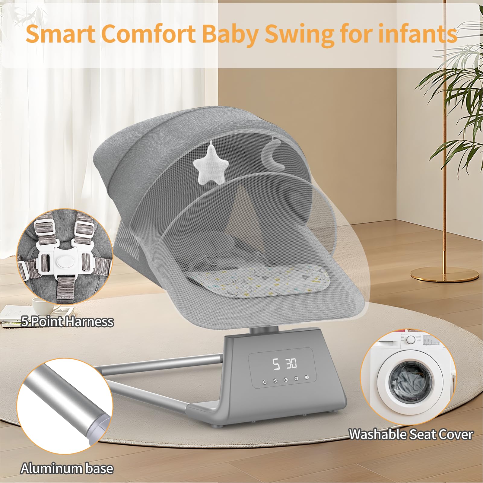 Electric Baby Swing with Bluetooth & Remote - 5 Speed Adjustable Infant Bouncer & Rocker with 11 Soothing Lullabies & Large Screen - Perfect for Newborns to Toddlers (Baby Boy & Girl) - Ideal for Nursery, Bedroom & Daycare Use