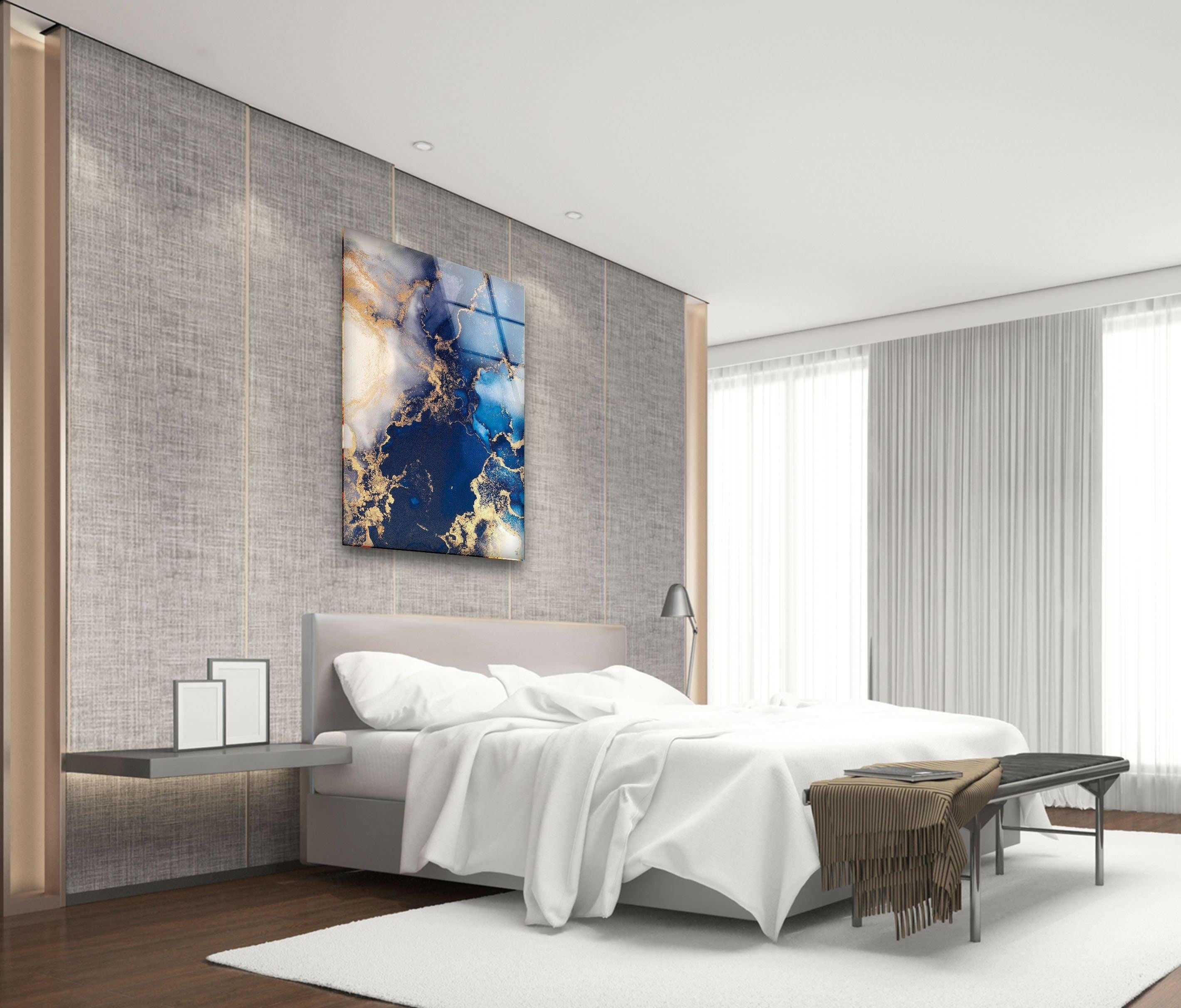 Blue & Gold Marble Design Glass Wall Art - Elegant Home Decor for Living Room, Bedroom & Office - Perfect for Modern Interior Design & Gifts