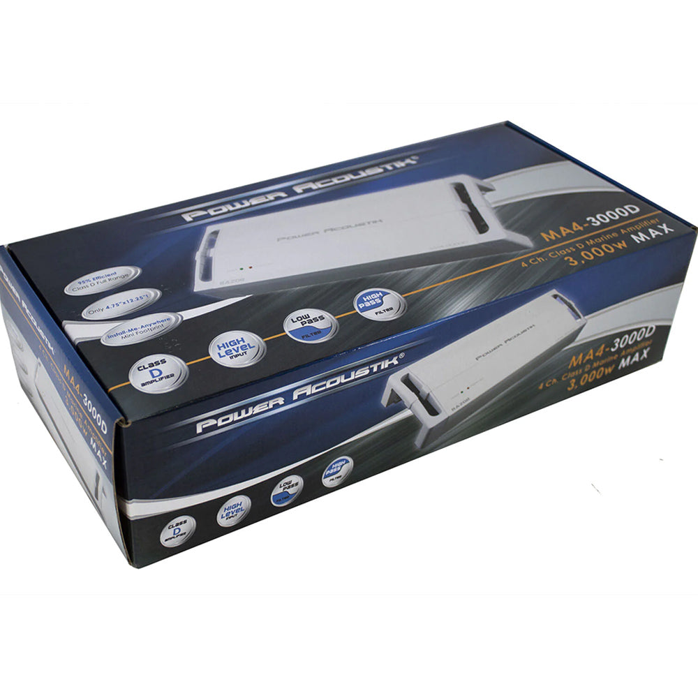 Power Acoustik MA4 3000D 4-Channel Marine Amplifier - 3000W Class D Compact Boat Audio System for Boats, Yachts & Watercrafts - Perfect for Marine Stereo Upgrades & Outdoor Water Adventures