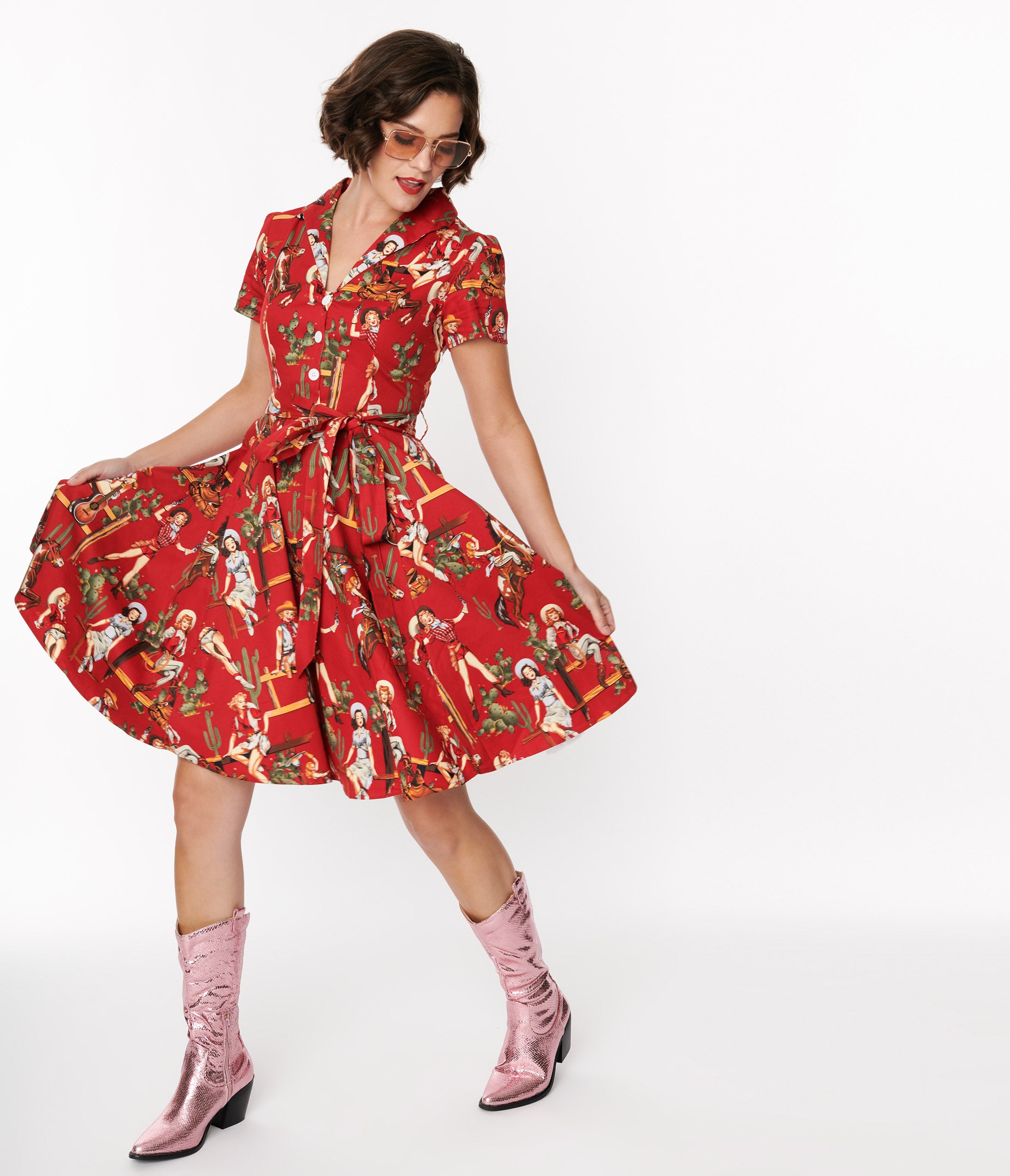 Stylish Red & Cowgirl Print Swing Shirt Dress for Women - Western Fashion Summer Casual Wear - Perfect for Rodeos, Country Concerts & Outdoor Events