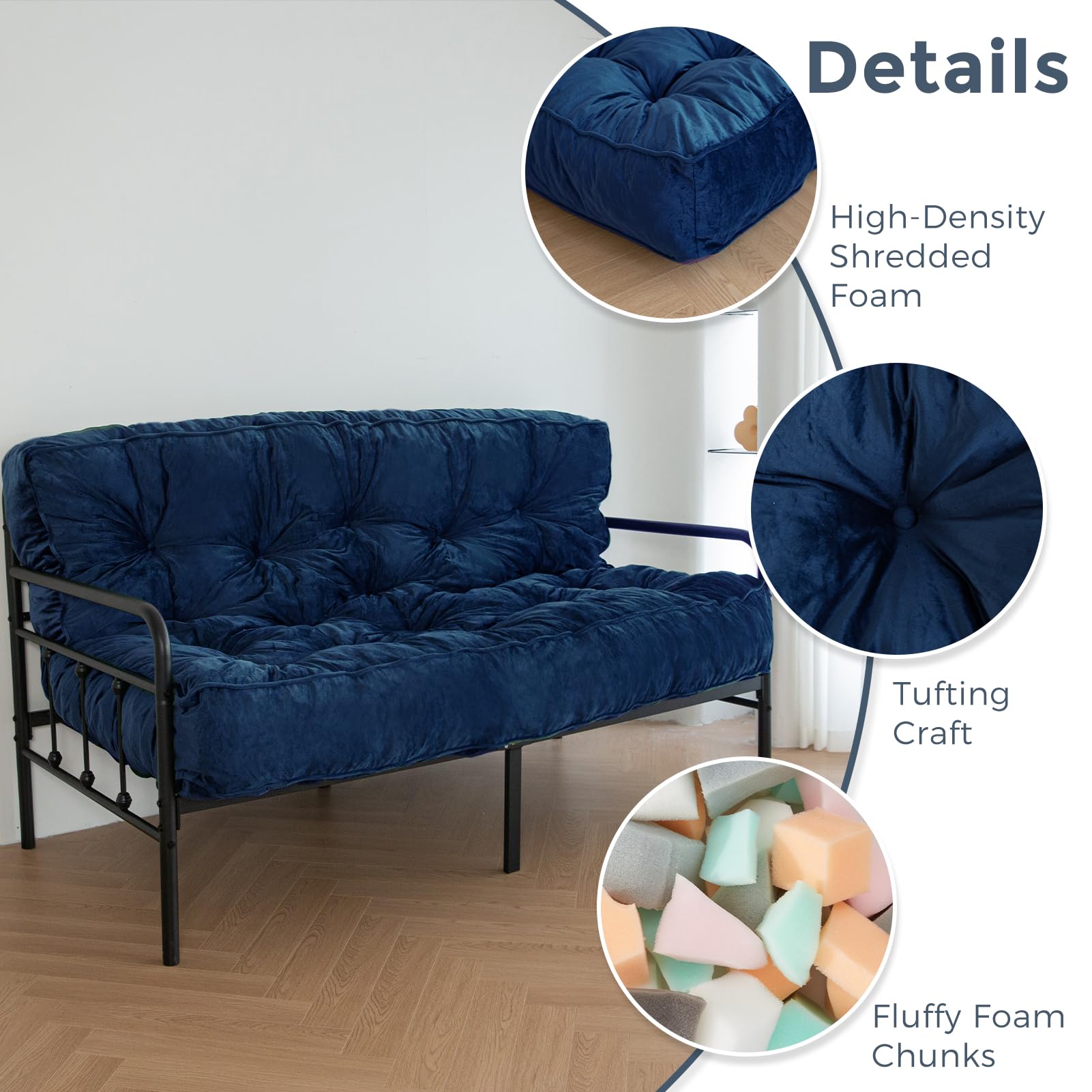MAXYOYO 8-Inch Thick Velvet Tufted Futon Mattress for Sofa Bed - Navy Blue Comfortable Foldable Couch Bed Replacement for Adults (Mattress Only) - Perfect for Small Spaces, Guest Rooms & Dorm Rooms