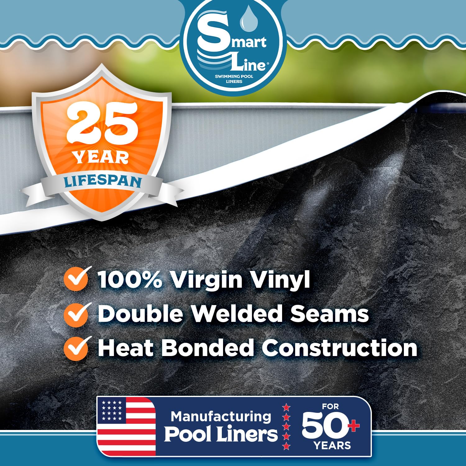 SmartLine 15 ft Round Swimming Pool Liner - River Slate Overlap Style, 54 Inch Wall Height, 25 Gauge Heavy Duty Virgin Vinyl for Steel Sided Above Ground Pools | Durable Pool Accessory for Backyard, Garden & Summer Fun