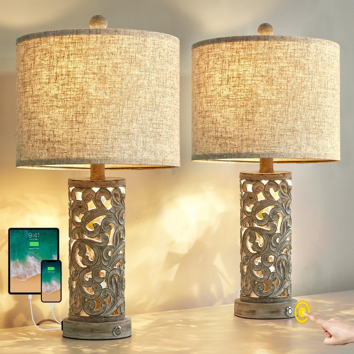 OYEARS 3-Way Dimmable 22'' USB A+C Touch Control Table Lamp Set of 2 with Nightlight - Modern Farmhouse Bedside Lamps for Living Room, Bedroom, Nightstand (Bulb Included) | Perfect for Reading, Working & Creating Cozy Atmosphere