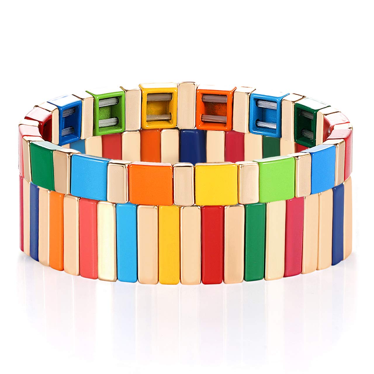 Rainbow Enamel Tile Bead Stretch Bracelets Set - Colorful Elastic Stackable Boho Bracelets for Women & Men | Handmade Layering Bracelets for Casual Wear, Festival Outfits & Gift Giving