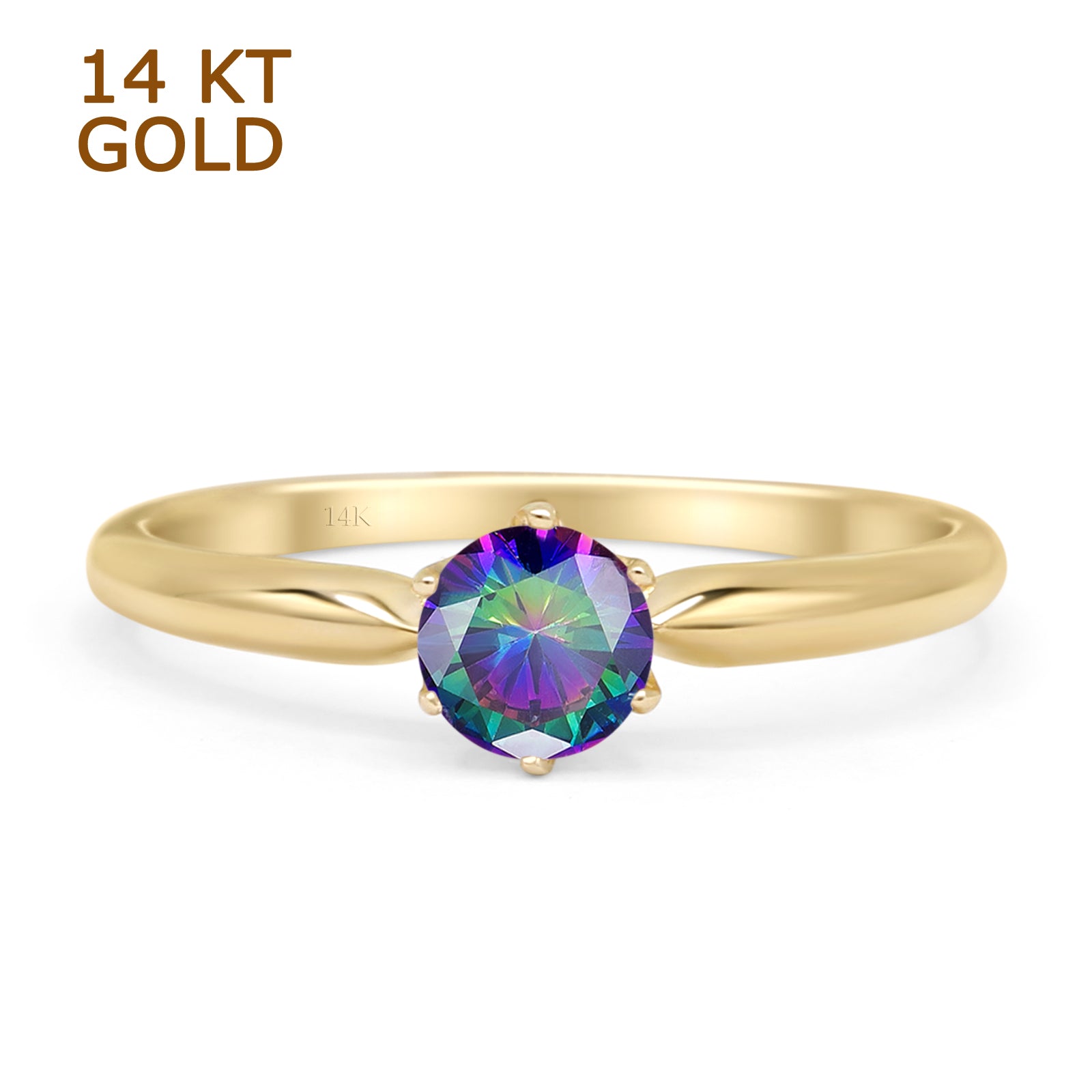 14K Yellow Gold Round Rainbow CZ Solitaire Ring for Women - Elegant Cubic Zirconia Engagement & Wedding Band - Perfect for Valentine's Day, Anniversary & Special Occasions