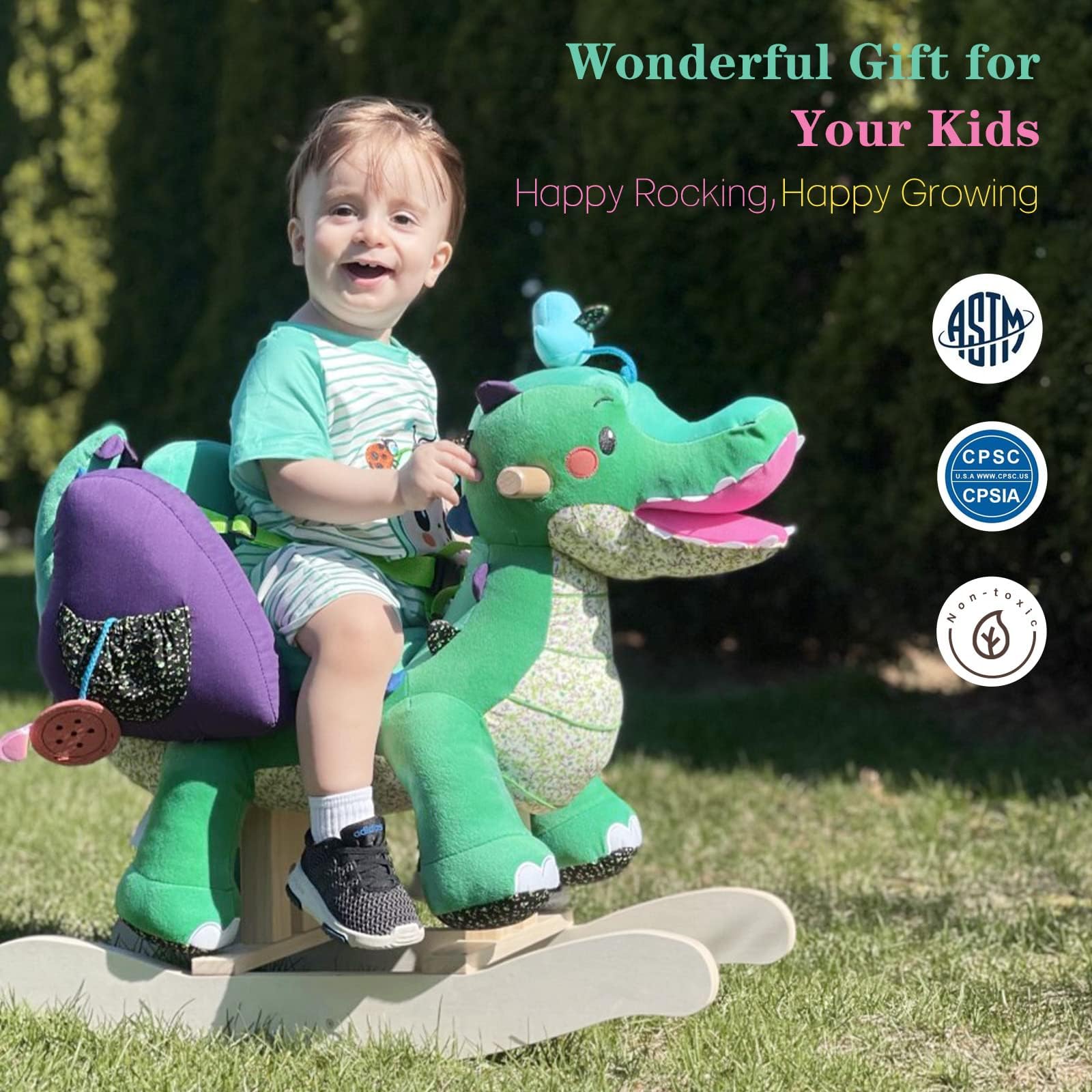 Labebe Green Crocodile Plush Rocking Horse Toy for Toddlers 6 Months to 3 Years - Soft Stuffed Animal Rocker Chair with Wooden Base | Perfect for Nursery Decor, First Birthday Gifts & Early Childhood Development