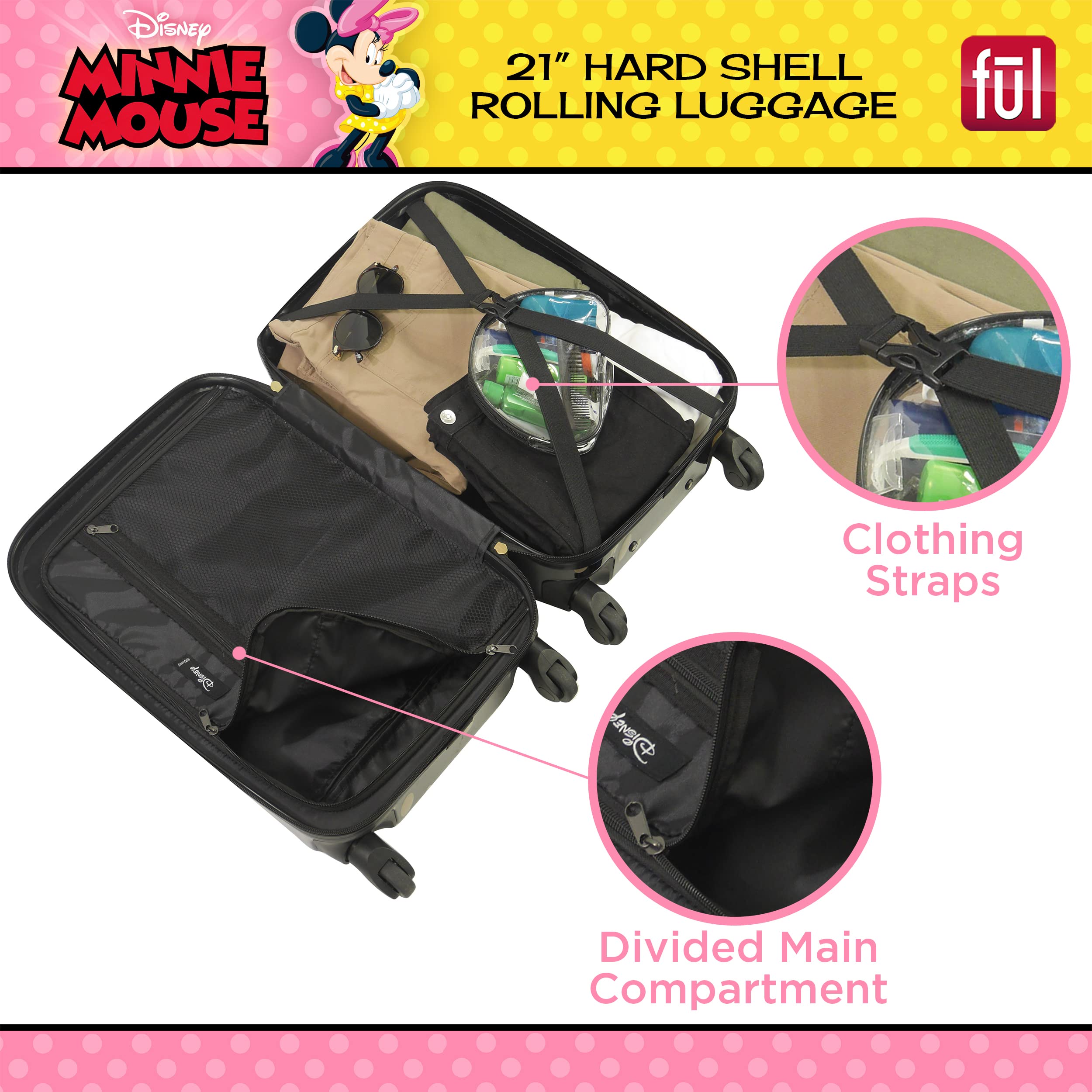 Disney Golden Minnie Mouse Hardshell Spinner Carry-On Luggage - Black Rolling Suitcase for Women & Kids, Perfect for Air Travel, Vacation & Business Trips