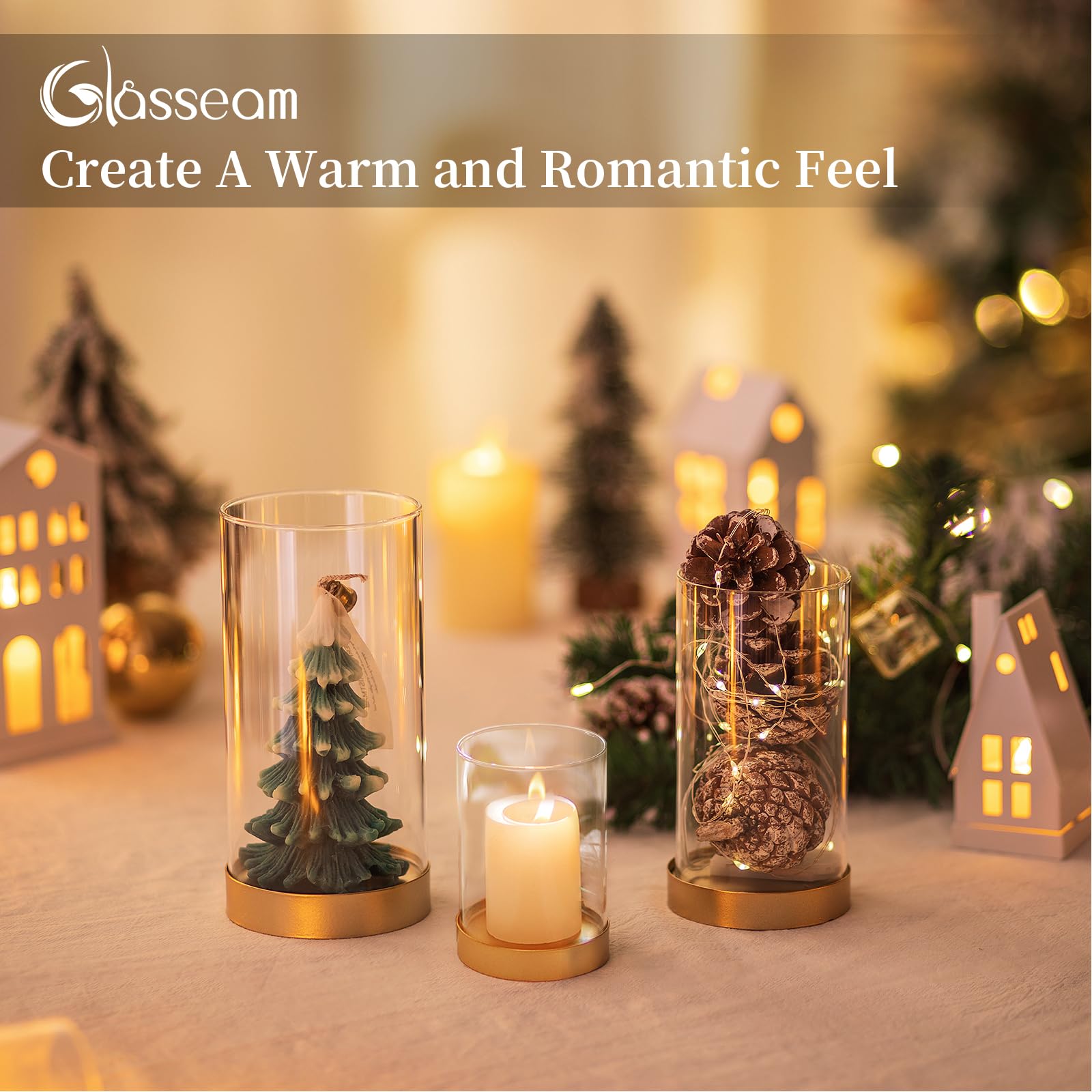 Glasseam Hurricane Glass Candle Holders Set of 6 - Gold Metal Pillar Candle Holders with Clear Glass Chimney for Wedding, Outdoor, Home Decor - Elegant Table Centerpiece for Dining Room, Patio, and Special Events