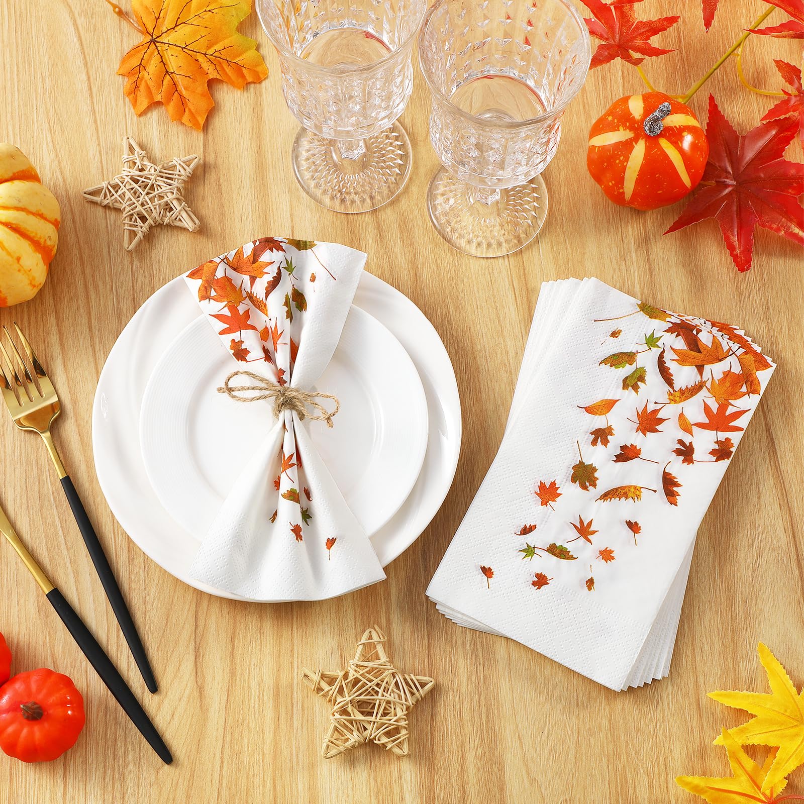 100PCS Fall Leaves Napkins - 3-Ply Disposable Thanksgiving Napkins for Bathroom & Kitchen | Decorative Autumn Paper Guest Towels | Perfect for Thanksgiving Dinner, Fall Home Decor & Party Table Settings