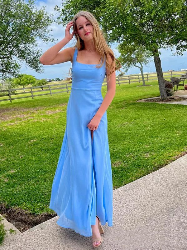 Elegant Blue Square Neck Long Prom Dress for Women - Formal Evening Gown J4083 | Perfect for Homecoming, Wedding Guest, Cocktail Party & Special Occasions