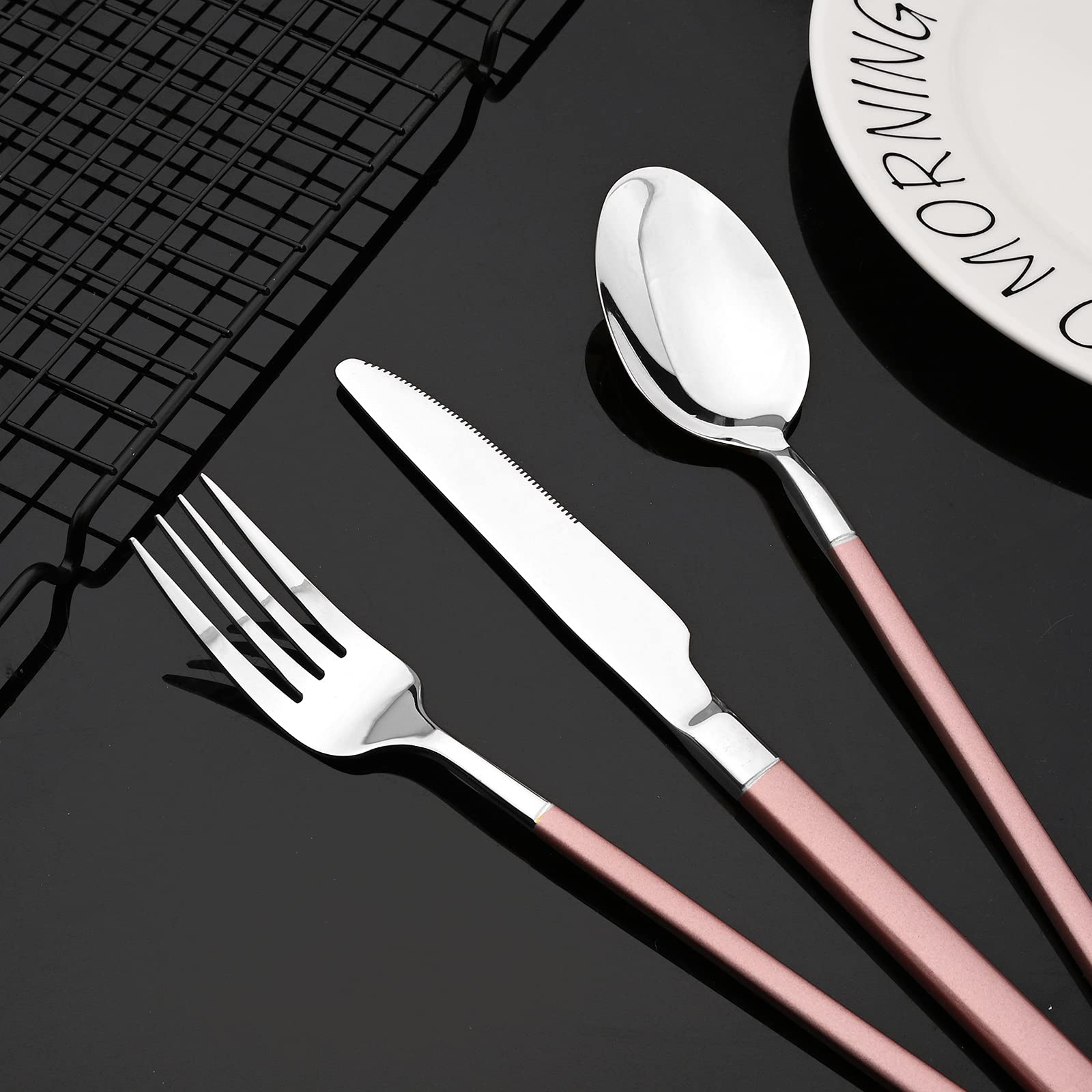 JASHII 20-Piece Stainless Steel Flatware Set - 18/10 Silverware Service for 4 with Dinner Forks, Spoons & Knives - Square Edge Mirror Polished Cutlery Set (Dishwasher Safe, Pink Silver) - Perfect for Dining, Wedding Gifts & Home Kitchen Essentials
