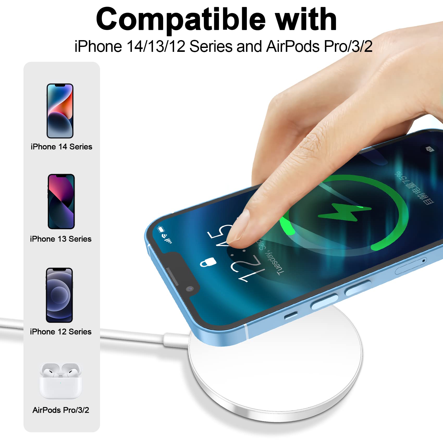15W Fast Magnetic Wireless Charger Compatible with MagSafe - Qi Certified Charging Pad for iPhone 15/14/13/12 Series (15 Pro Max/Plus/Pro) - Perfect for Home, Office & Car Use (Adapter Not Included)