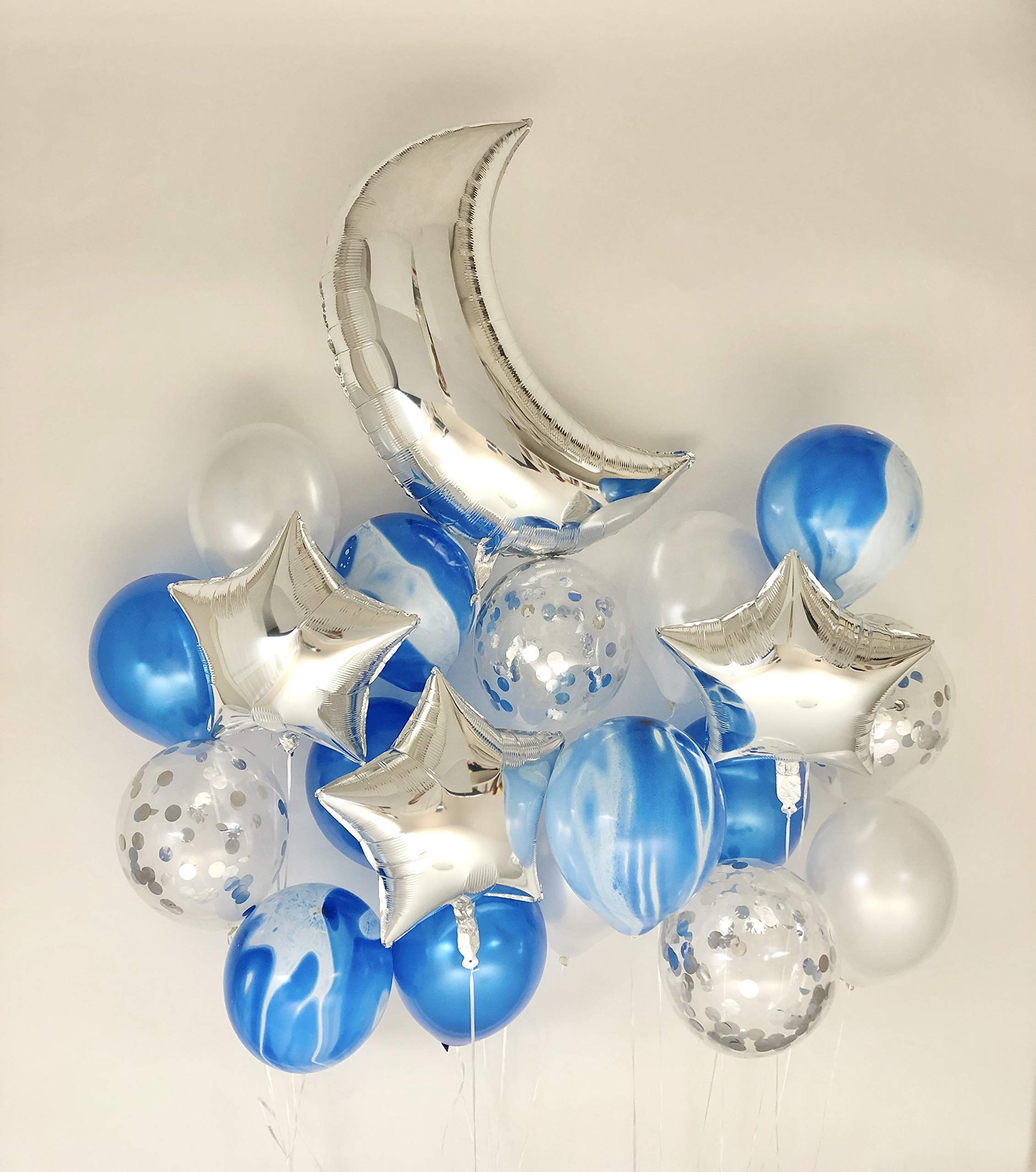Sweet Moon 20-Piece Moon and Star Balloons Bouquet Set - Blue Agate Marble Design for Baby Showers, Birthday Parties, Gender Reveals, Bridal Showers, Eid & Ramadan Celebrations - Perfect for Indoor & Outdoor Party Decorations