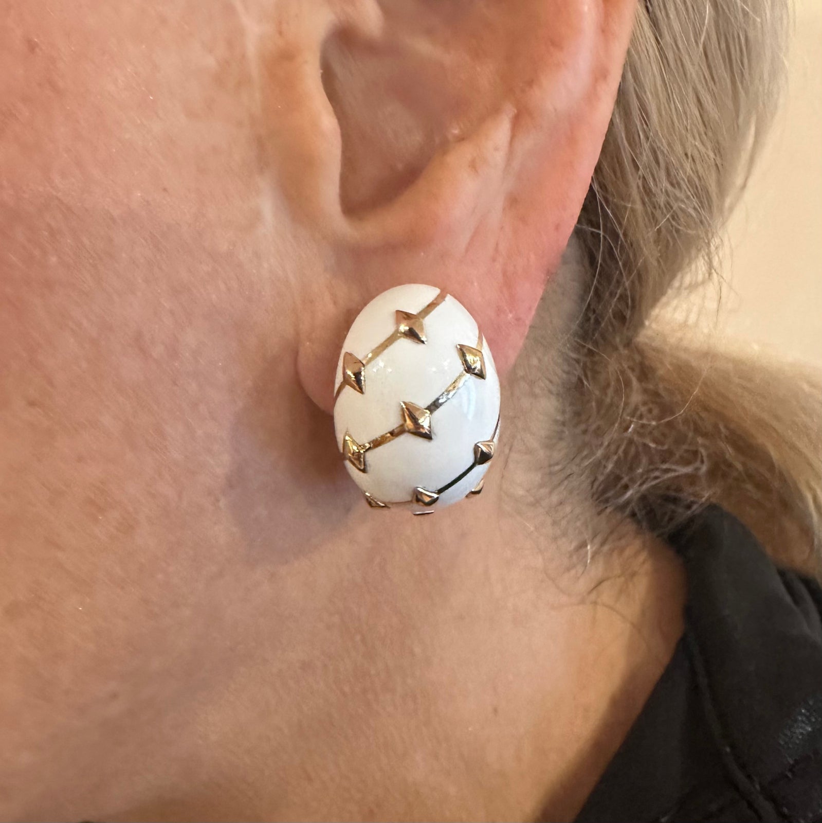Tiffany & Co Schlumberger Dot Losange 18k Yellow Gold White Enamel Hoop Earrings | Luxury Designer Jewelry for Women | Perfect for Parties, Weddings & Special Occasions