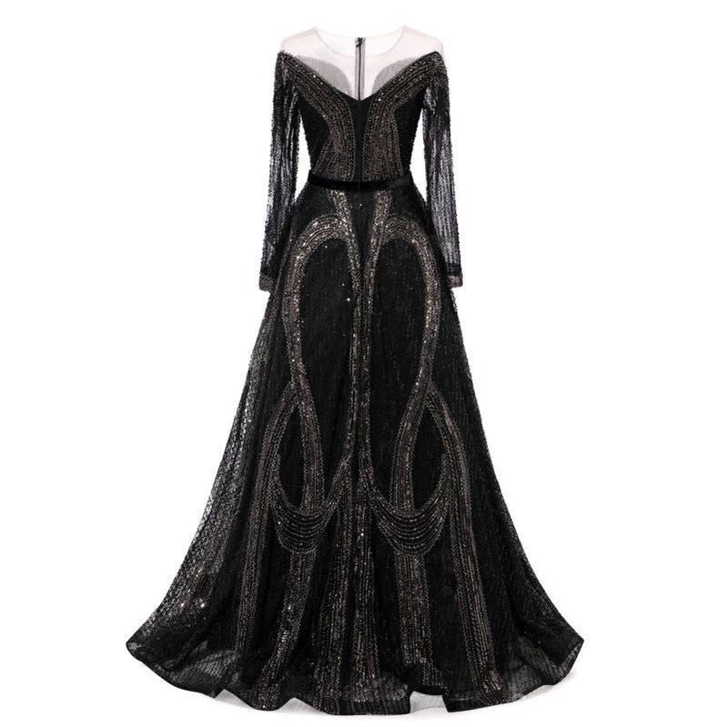 Elegant Black A-Line Long Sleeve Maxi Party Prom Dress for Women - Formal Evening Gown for Homecoming, Wedding Guest & Special Occasions
