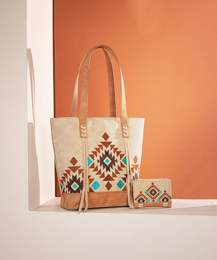 Montana West Aztec Embroidered Tote Bag Set for Women - Stylish Boho Shoulder Bag with Handmade Tribal Patterns - Perfect for Travel, Beach, Shopping & Everyday Use