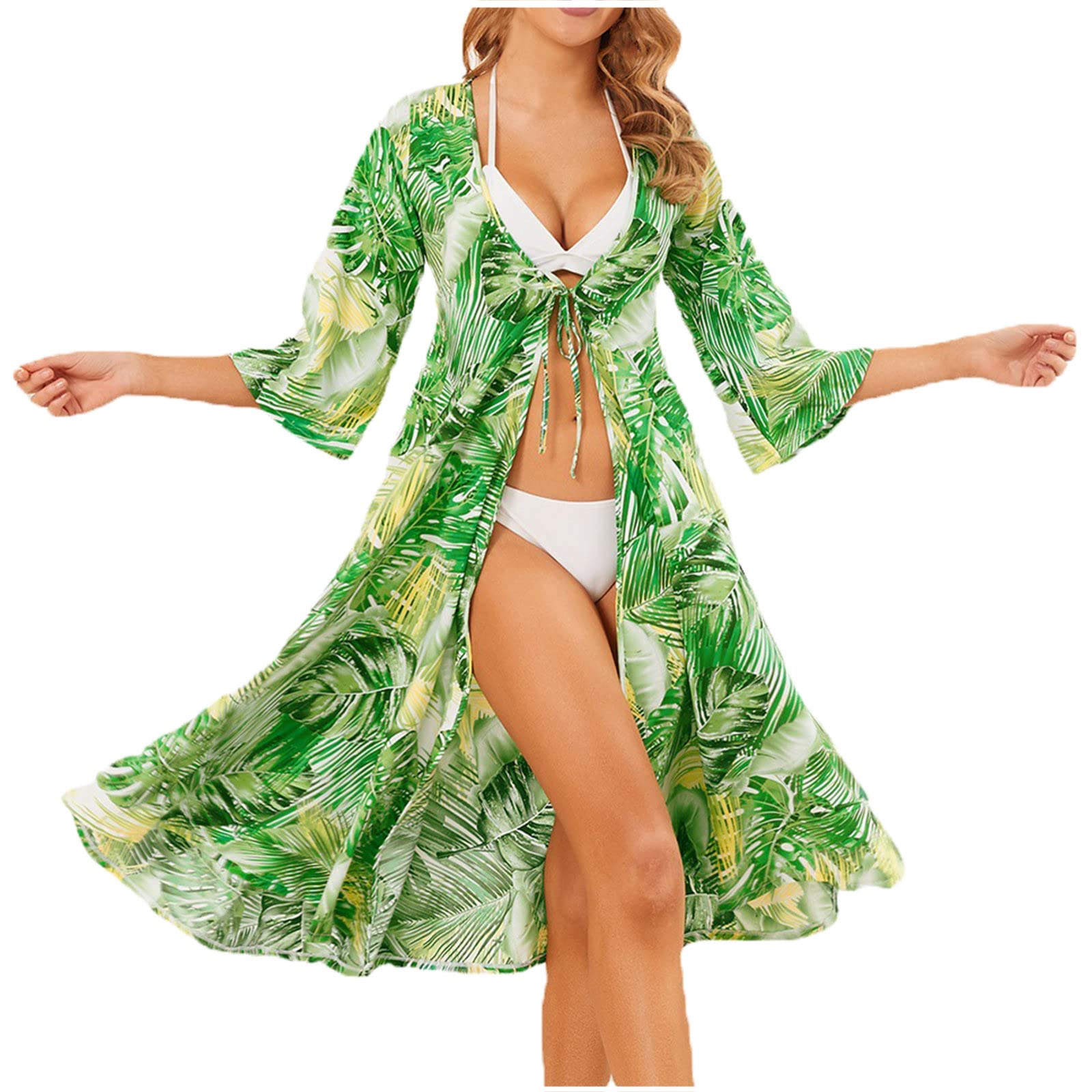 **Women's Lace Up Chiffon Feather Print Swimsuit Cover Up Dress - Half Sleeve Beach Blouse for Pool, Vacation & Summer Outfits (Green, M)**