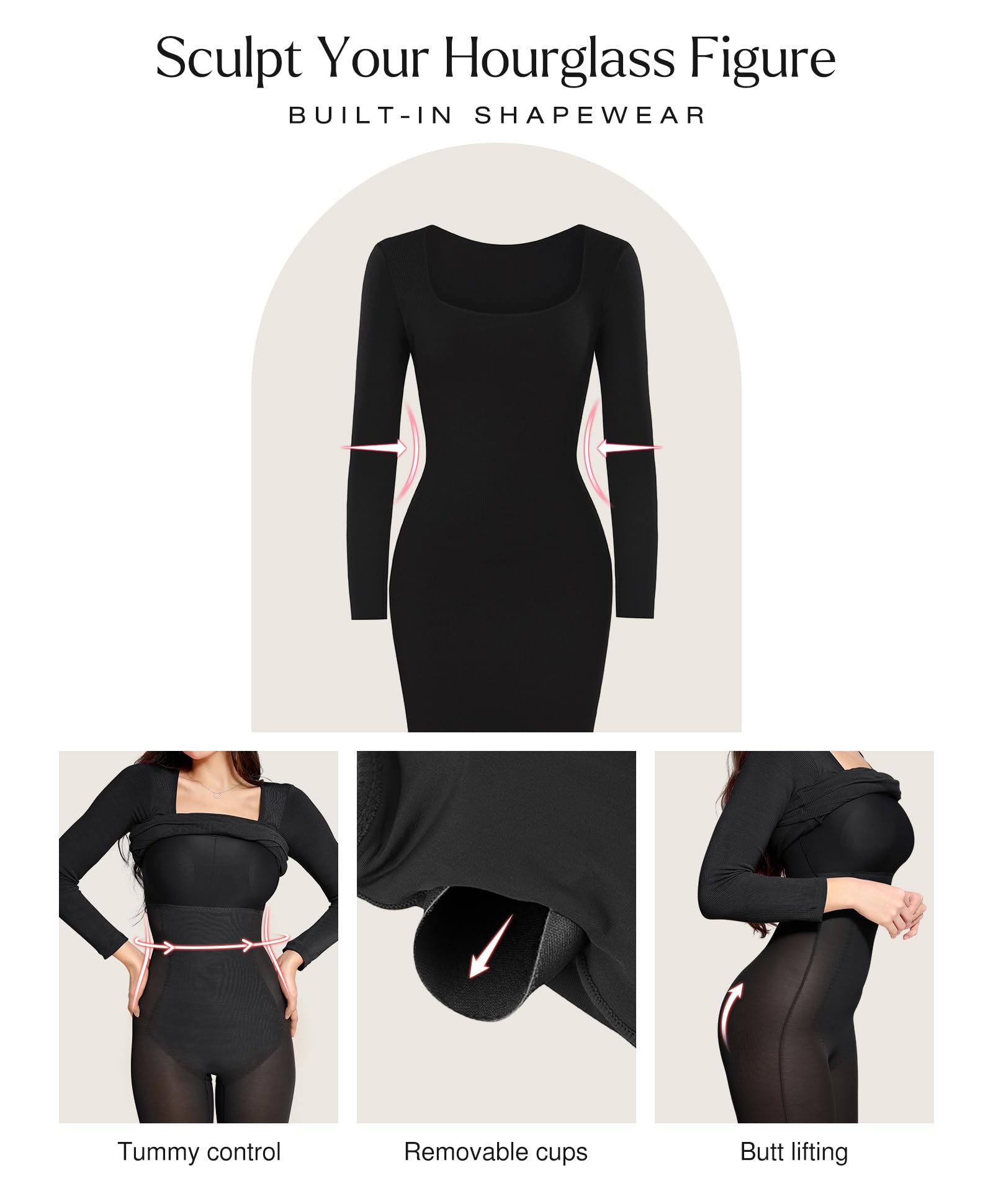 Popilush Women's Long Sleeve Bodycon Midi Dress with Built-in Bra - Tummy Control Shapewear Party Cocktail Dress for Night Out, Date Night & Special Occasions