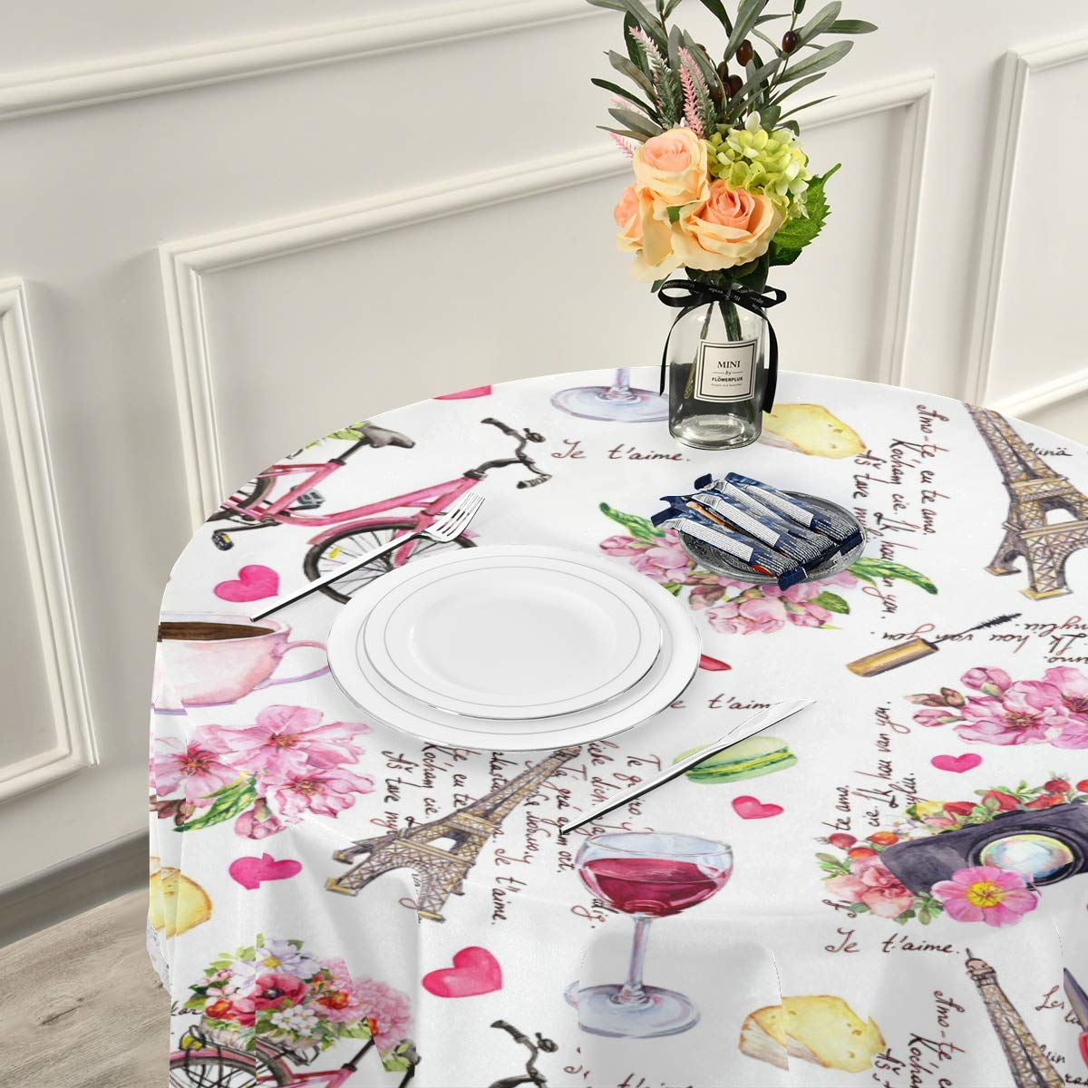 AUUXVA Paris Eiffel Tower Floral Round Tablecloth - 60 Inch Polyester Table Cover for Dining, Kitchen, Wedding, Restaurant & Outdoor Events | Elegant Decor for Parties, Buffets and Picnics