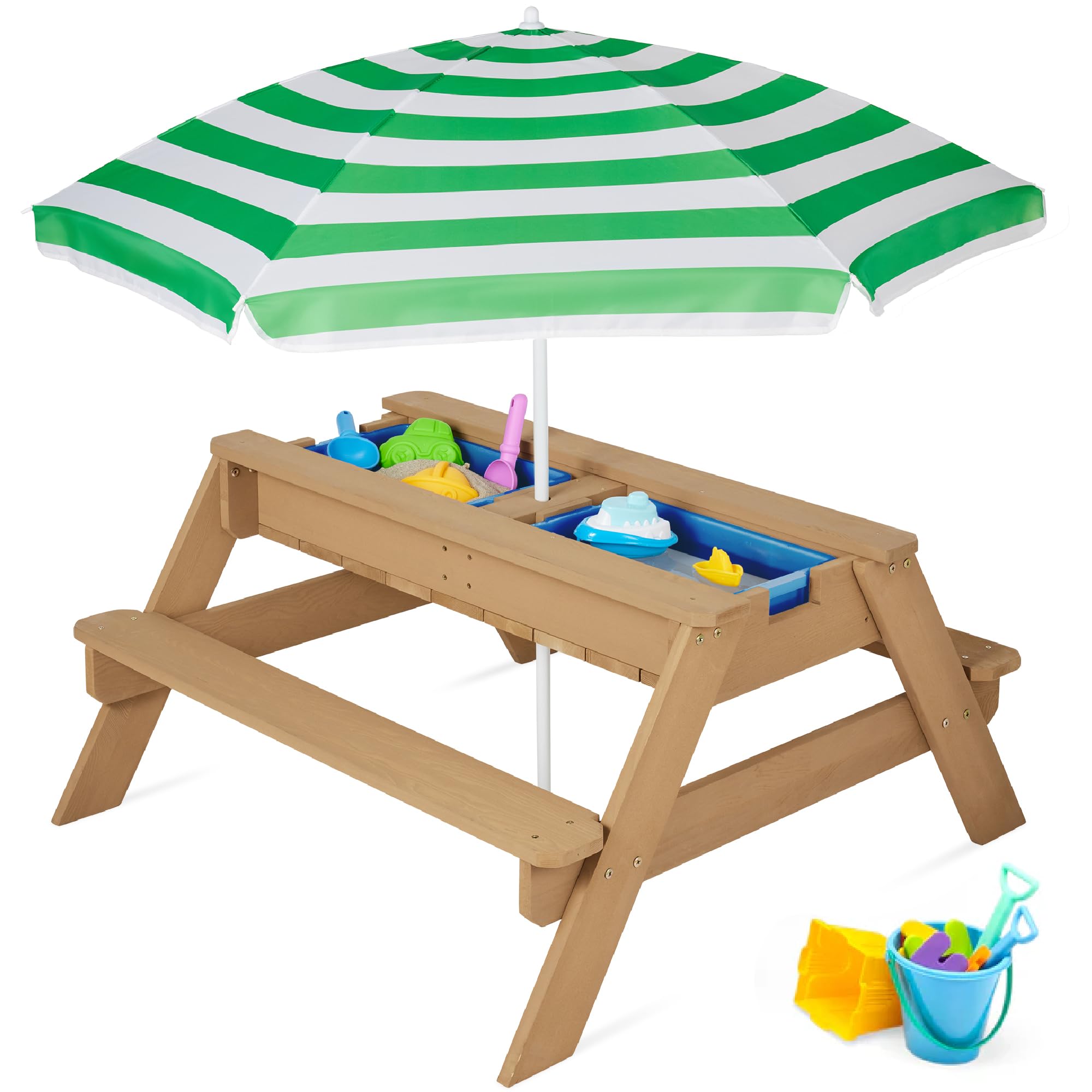 Best Choice Products Kids 3-in-1 Sand & Water Table - Outdoor Wooden Convertible Picnic Table with Umbrella, 2 Trays & Removable Top - 220lb Capacity Bench - Green | Perfect for Backyard Play, Beach Fun & Outdoor Dining