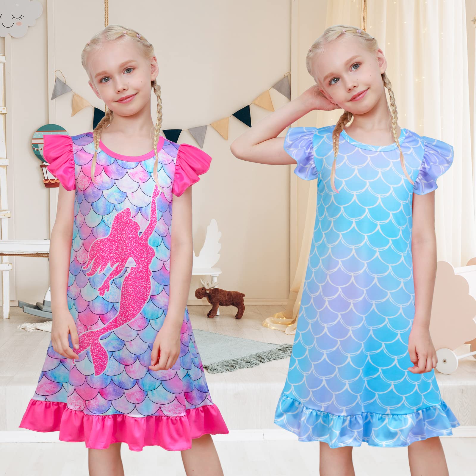 2-Pack Unicorn & Mermaid Princess Nightgowns for Girls 3-9 Years | Soft Toddler Sleepwear Pajama Set | Perfect for Bedtime, Sleepovers & Birthday Gifts
