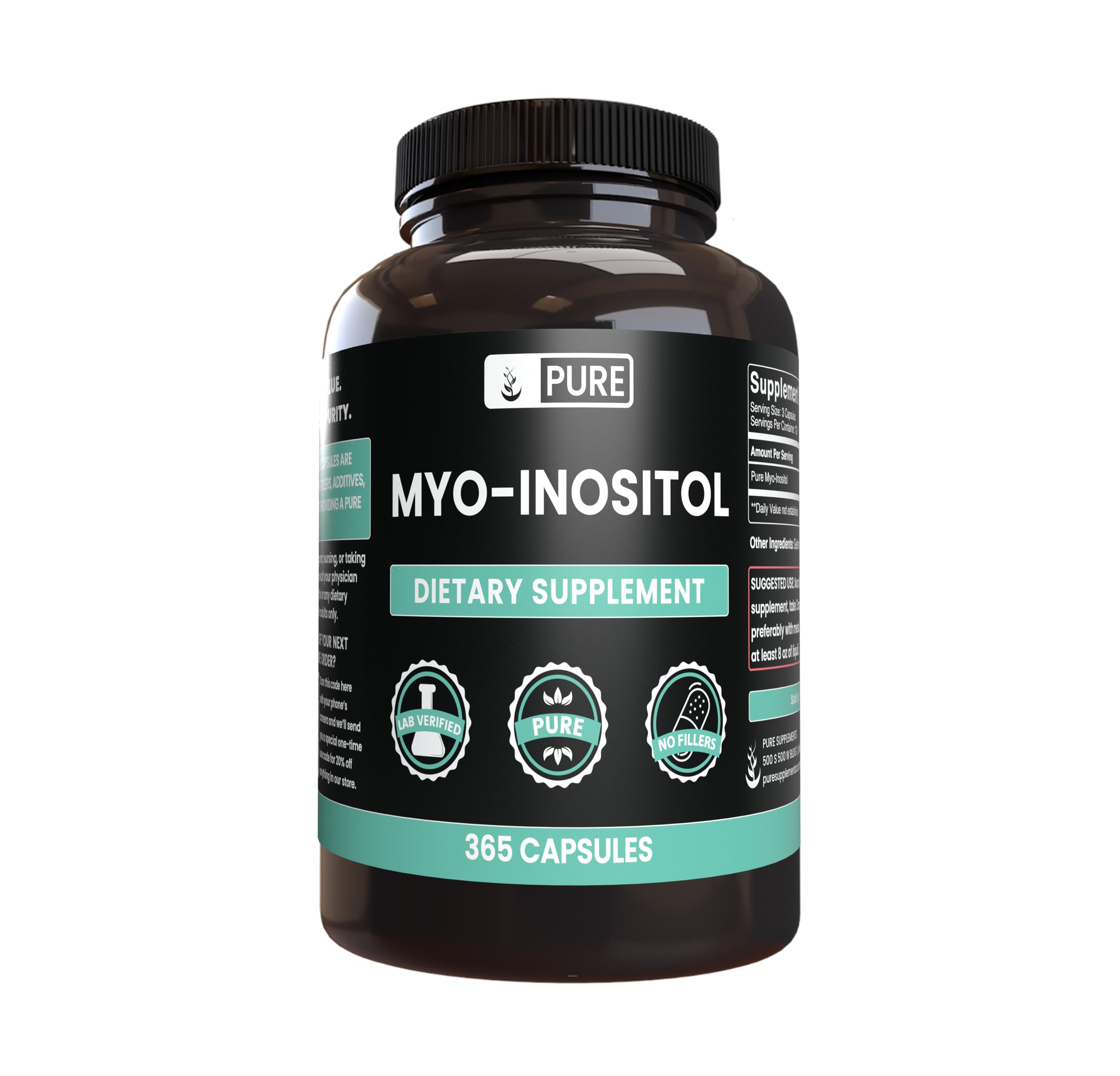 Pure Myo-Inositol 365 Capsules - No Fillers, Lab Tested for Purity - Supports Hormonal Balance & PCOS Management - Perfect for Women's Wellness & Fertility Support