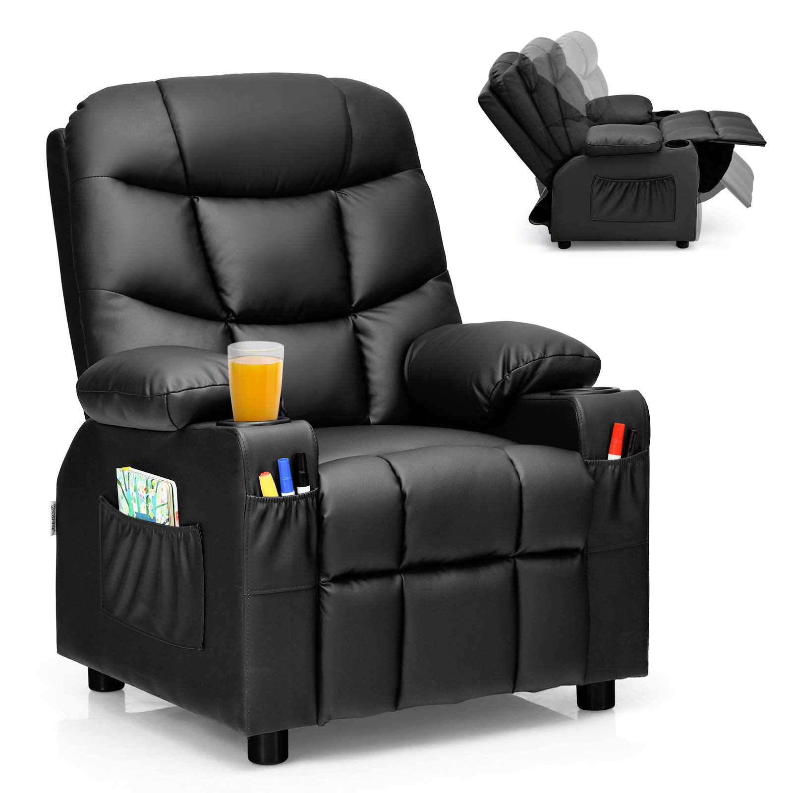 Costzon Kids Recliner Chair with Cup Holder & Footrest - Adjustable Leather Lounge Chair for Boys & Girls with Side Pockets - Ergonomic Toddler Furniture Sofa for Bedroom, Playroom & TV Time (Black)